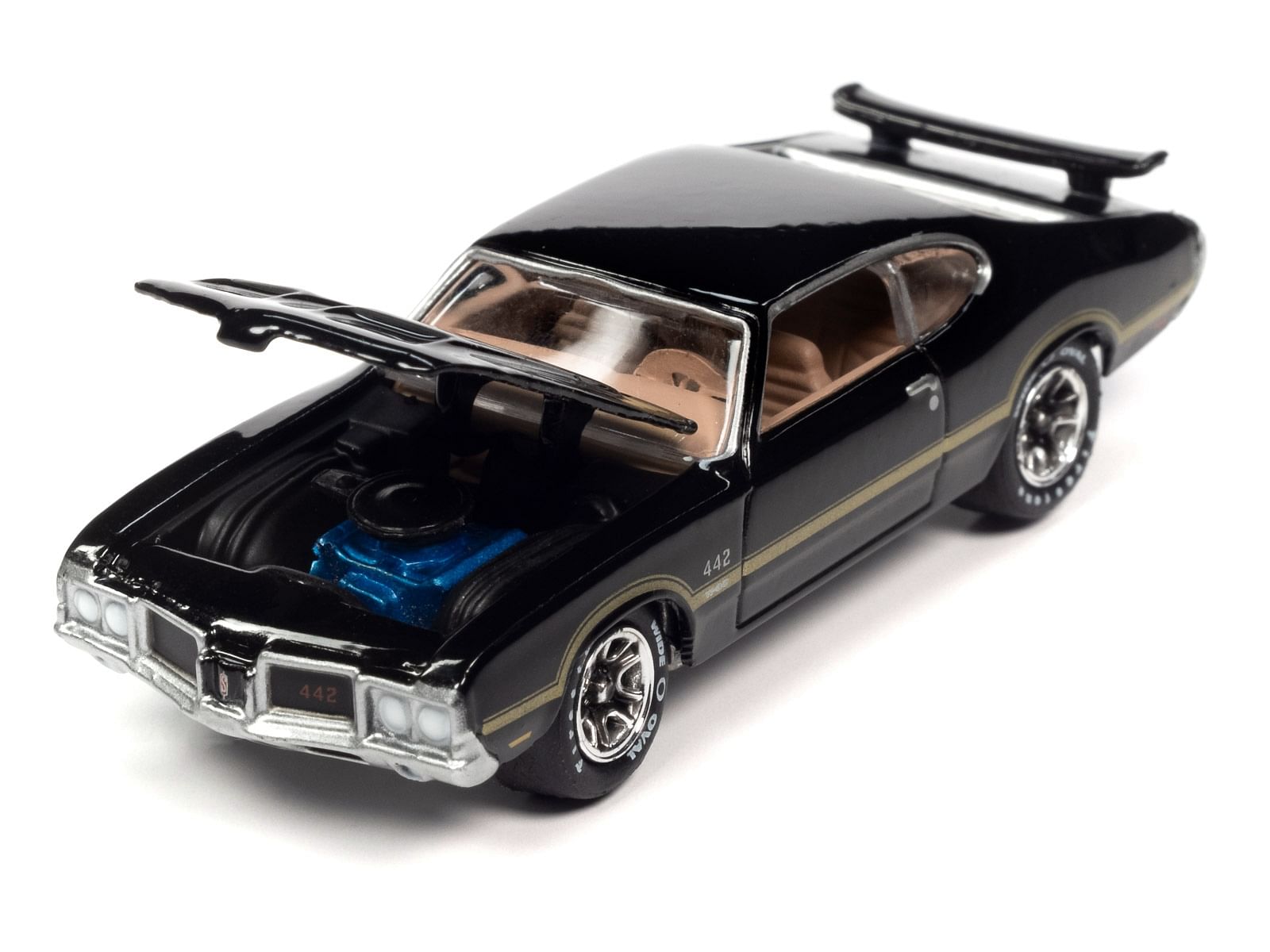 1972 Oldsmobile 442 W-30 Ebony Black with Gold Metallic Stripes Limited Edition to 2620 pieces Worldwide “OK Used Cars” 2023 Series 1/64 Diecast Model Car by Johnny Lightning