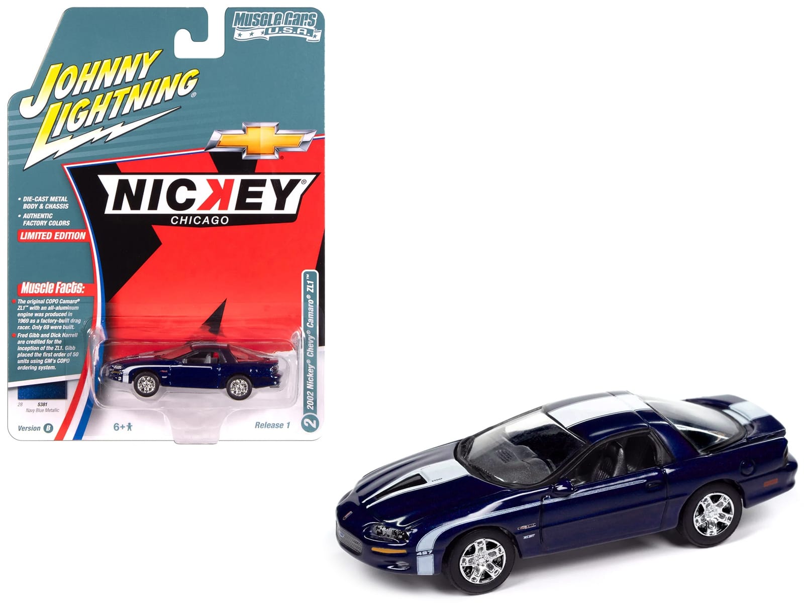2002 Chevrolet Nickey Camaro ZL1 Navy Blue Metallic with White Stripes "Muscle Cars USA" Series 1/64 Diecast Model Car by Johnny Lightning
