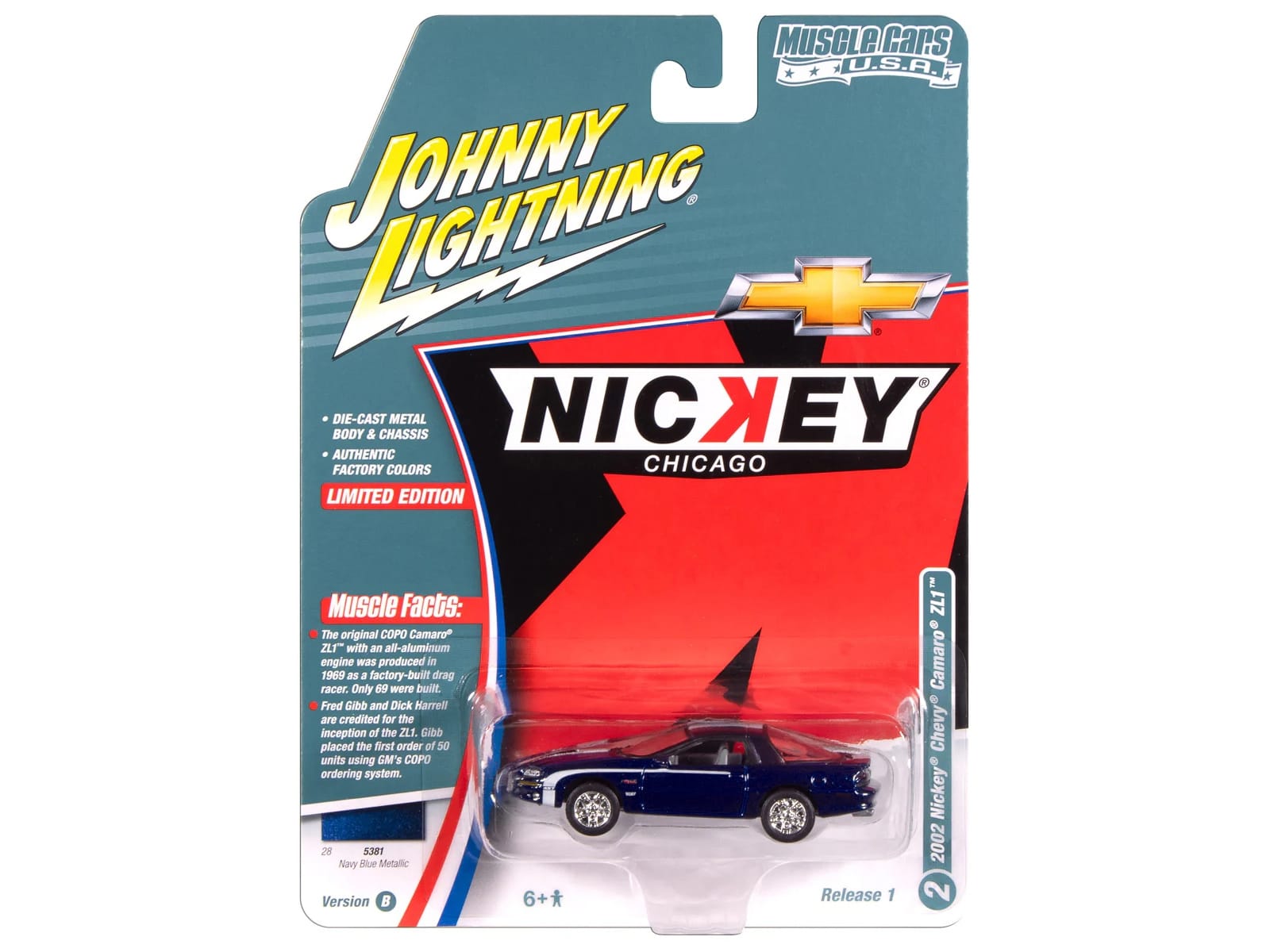 2002 Chevrolet Nickey Camaro ZL1 Navy Blue Metallic with White Stripes "Muscle Cars USA" Series 1/64 Diecast Model Car by Johnny Lightning - Image 3