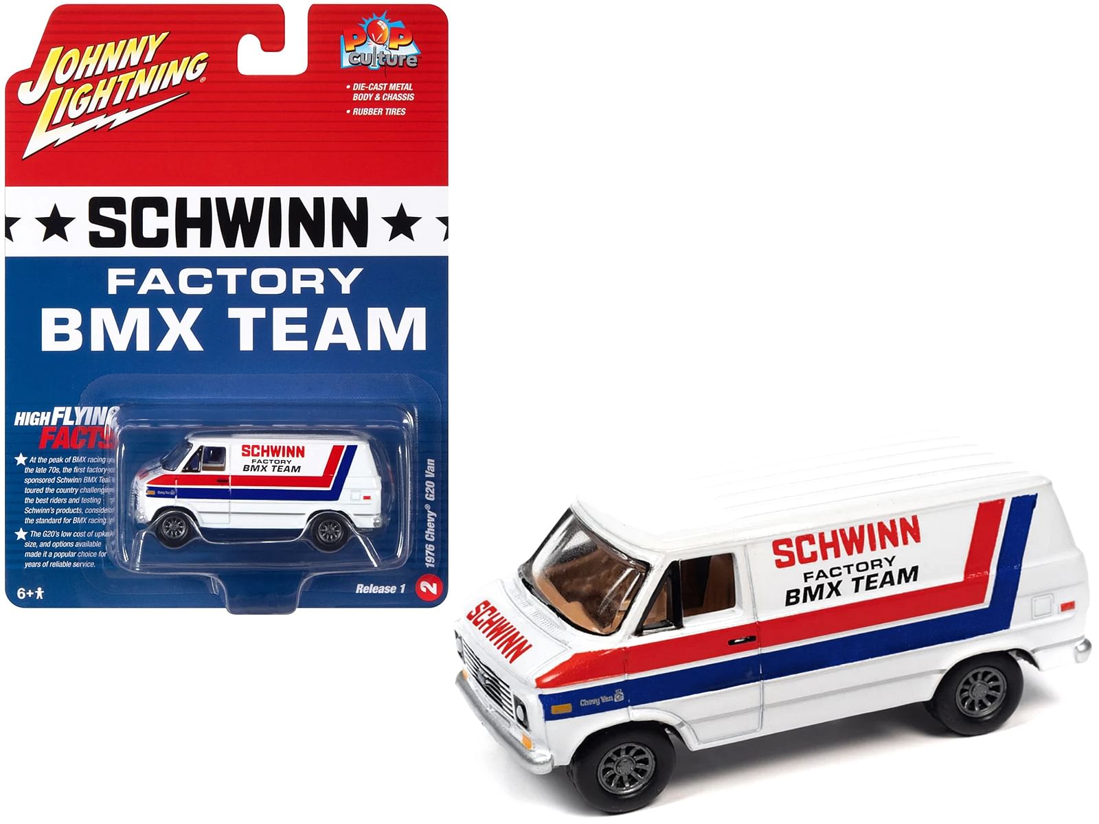 1976 Chevrolet G20 Van White with Stripes “Schwinn Factory BMX Team” “Pop Culture” 2023 Release 1 1/64 Diecast Model Car by Johnny Lightning