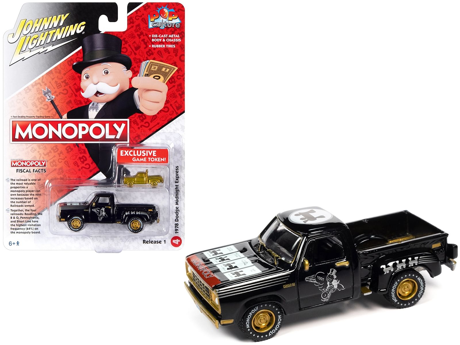 1978 Dodge Midnight Express Pickup Truck Black “Railroad Tycoon” with Game Token “Monopoly” “Pop Culture” 2023 Release 1 1/64 Diecast Model Car by Johnny Lightning