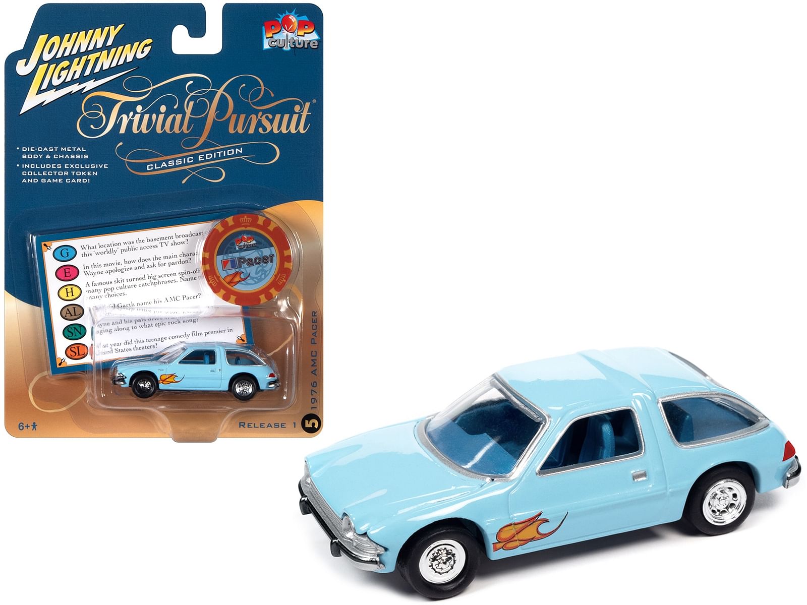 1976 AMC Pacer Light Blue with Flames with Poker Chip and Game Card “Trivial Pursuit” “Pop Culture” 2023 Release 1 1/64 Diecast Model Car by Johnny Lightning