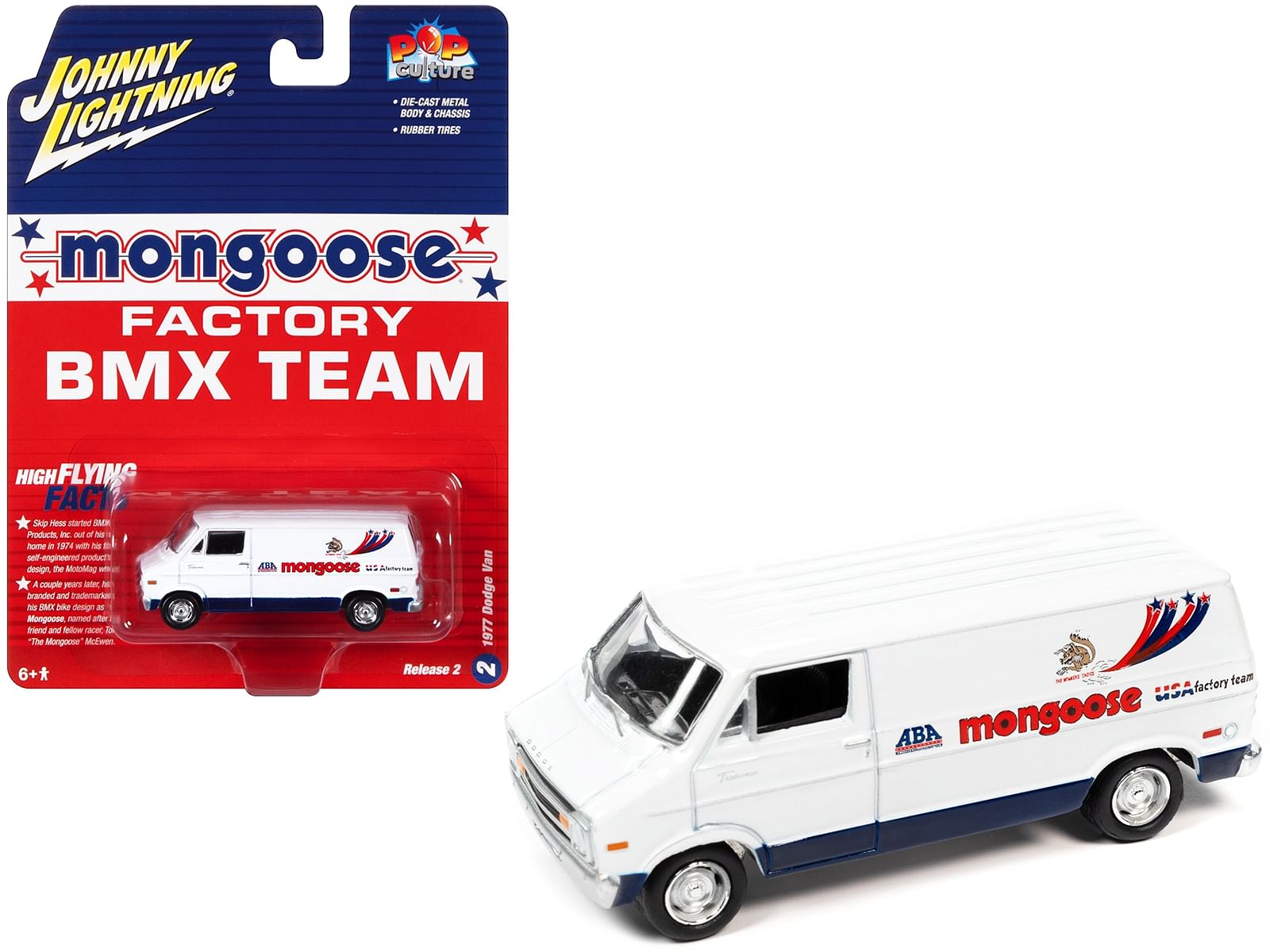 1977 Dodge Van White with Graphics “Mongoose Factory BMX Team” “Pop Culture” 2023 Release 2 1/64 Diecast Model Car by Johnny Lightning