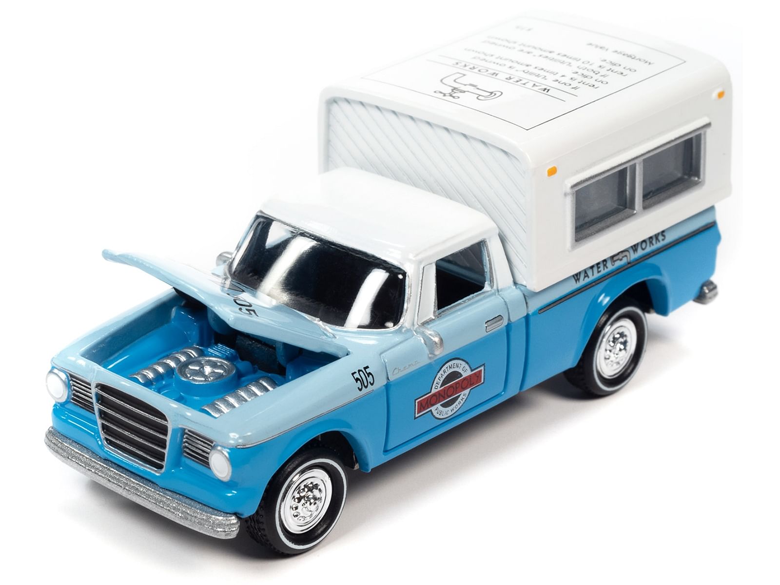 1960 Studebaker Pickup Truck Light Blue and Blue Two-Tone with Camper “Water Works” with Game Token “Monopoly” “Pop Culture” 2023 Release 2 1/64 Diecast Model Car by Johnny Lightning