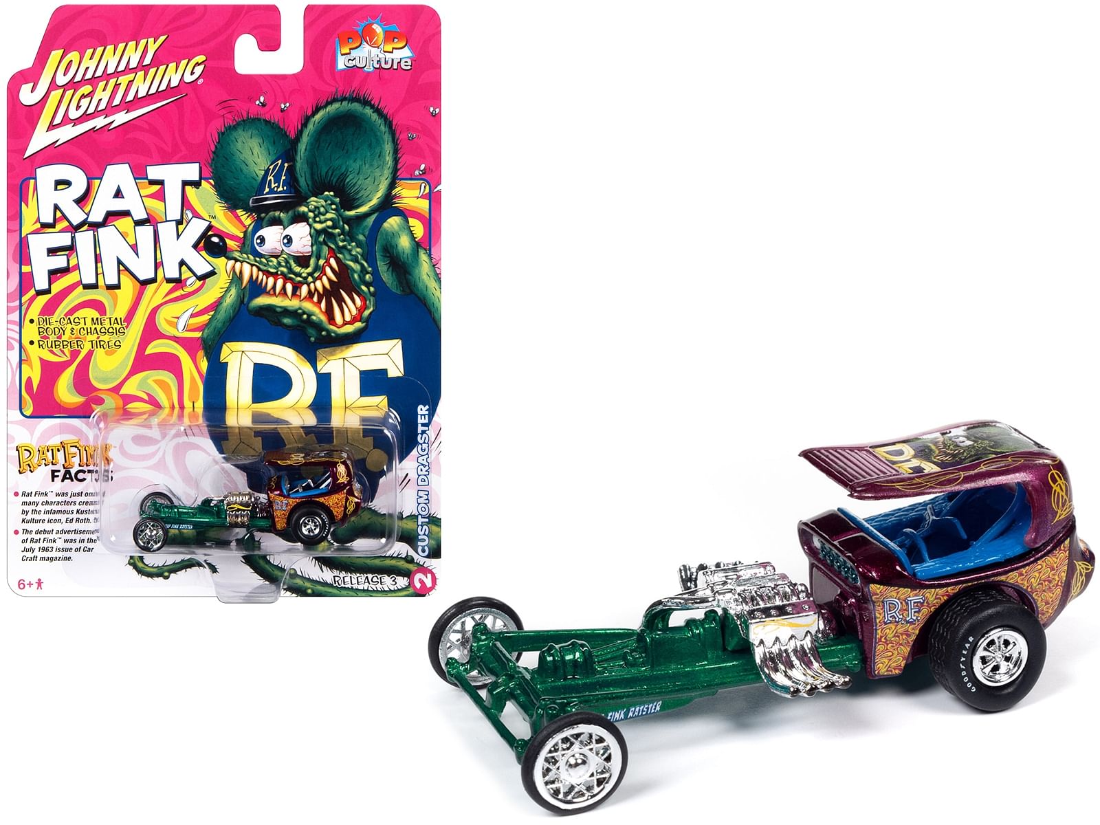 Custom Dragster Purple and Green “Rat Fink” “Pop Culture” 2023 Release 3 1/64 Diecast Model Car by Johnny Lightning