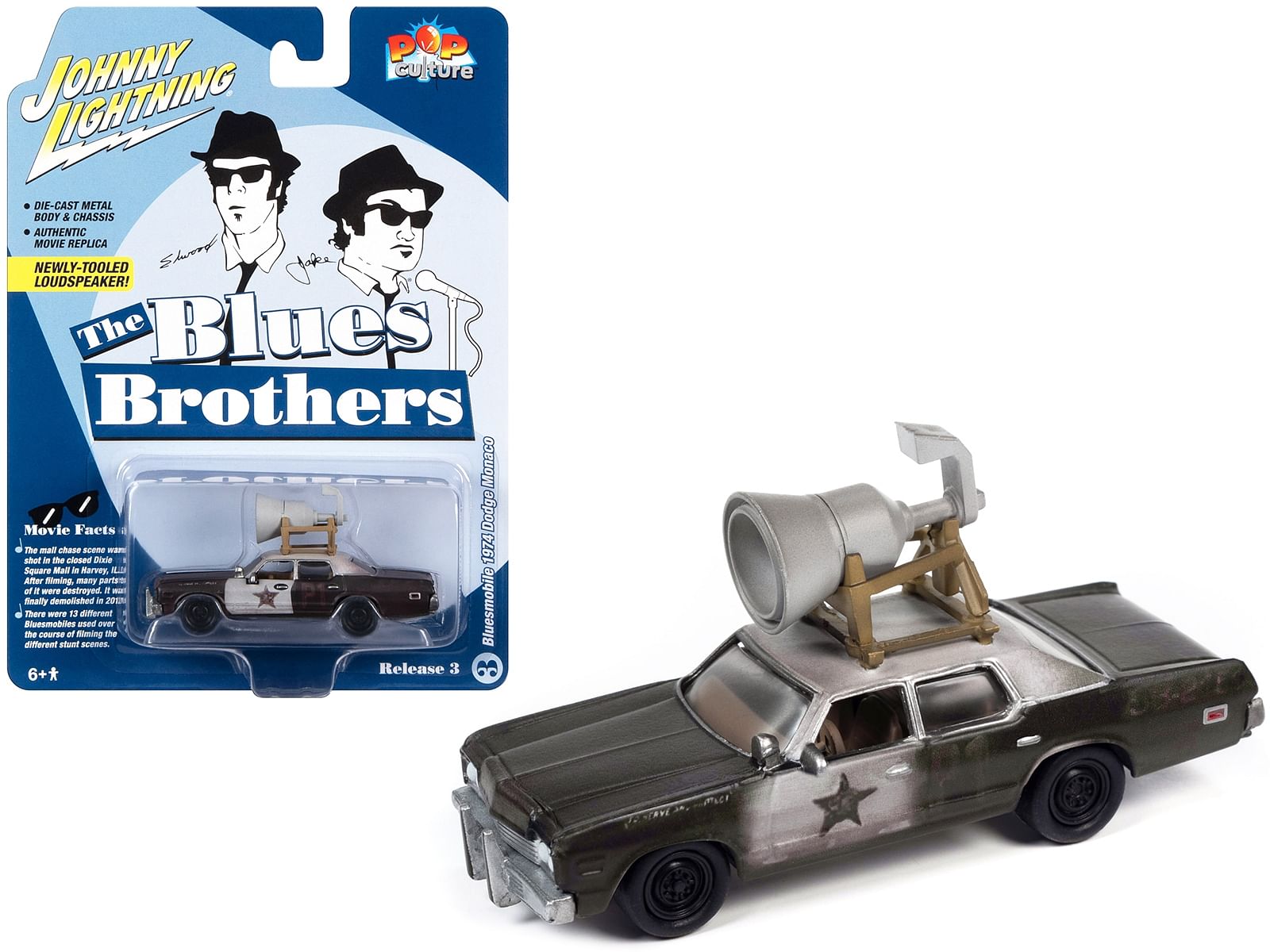 1974 Dodge Monaco Police Car Black and White (Dirty) w/Roof Speaker “Blues Brothers” (1980) Movie “Pop Culture” 2023 Release 3 1/64 Diecast Model Car by Johnny Lightning