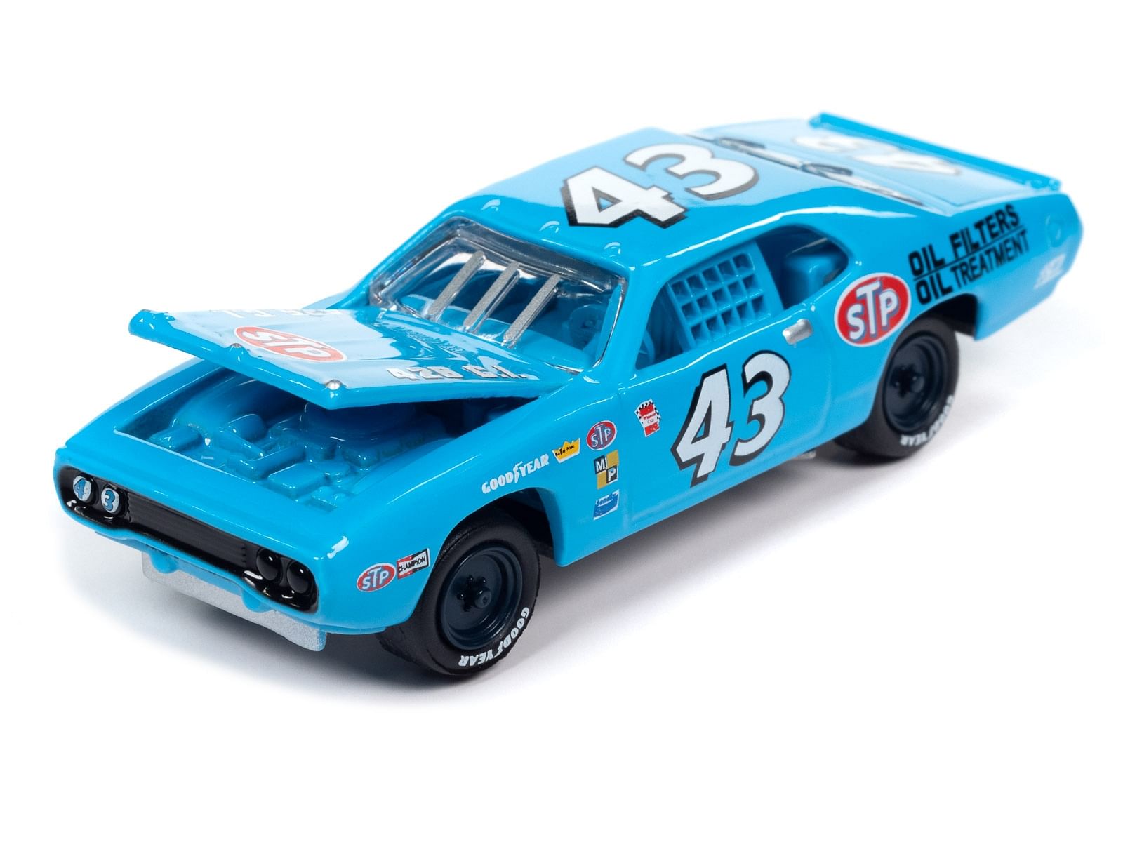 1972 Plymouth Road Runner Stock Car #43 Richard Petty “STP” Blue “Pop Culture” 2023 Release 3 1/64 Diecast Model Car by Johnny Lightning