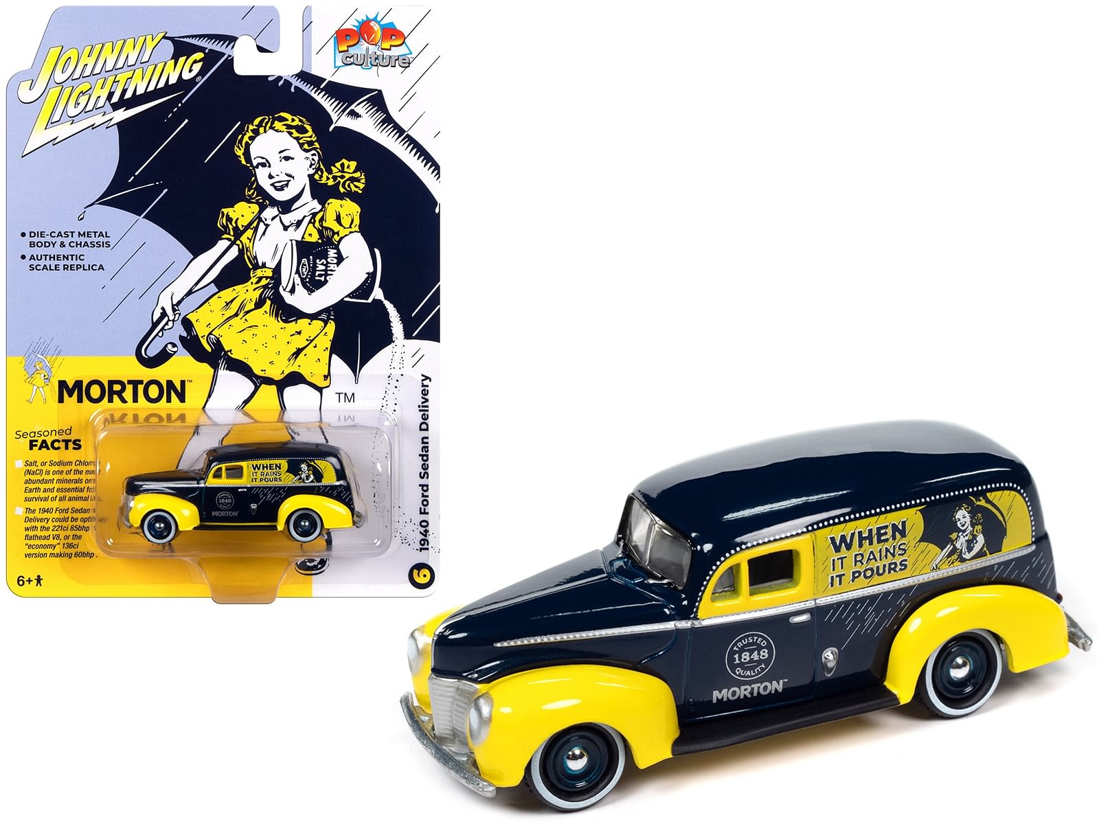 1940 Ford Sedan Delivery Dark Blue and Yellow “Morton Salt” “Pop Culture” 2023 Release 3 1/64 Diecast Model Car by Johnny Lightning