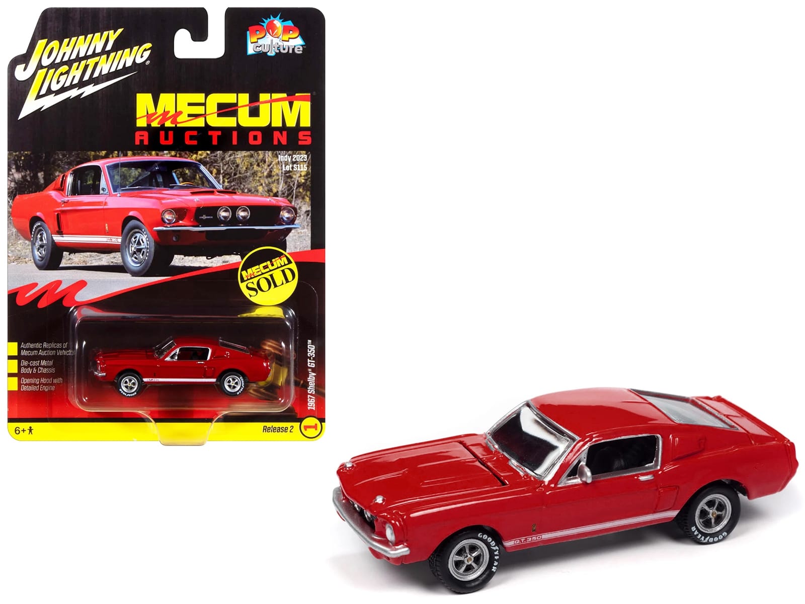 1967 Shelby GT-350 Red with White Side Stripes "Mecum Auctions" "Pop Culture" 2024 Release 2 1/64 Diecast Model Car by Johnny Lightning - Image 3