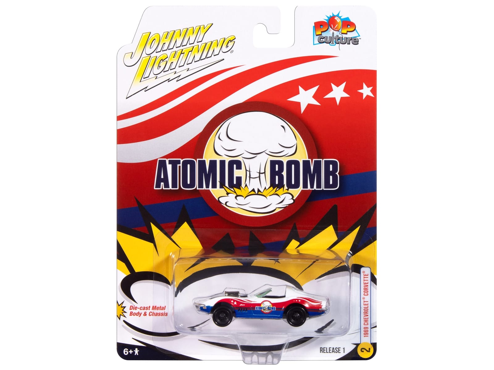 1969 Chevrolet Corvette "Atomic Bomb" White with Red and Blue Graphics "Stuntman Mike's Ride Along Racing" "Pop Culture" 2025 Release 1 1/64 Diecast Model Car by Johnny Lightning - Image 2