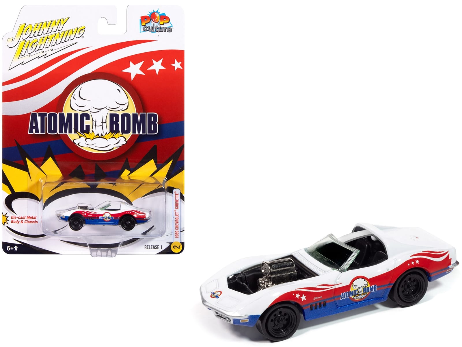 1969 Chevrolet Corvette "Atomic Bomb" White with Red and Blue Graphics "Stuntman Mike's Ride Along Racing" "Pop Culture" 2025 Release 1 1/64 Diecast Model Car by Johnny Lightning - Image 3