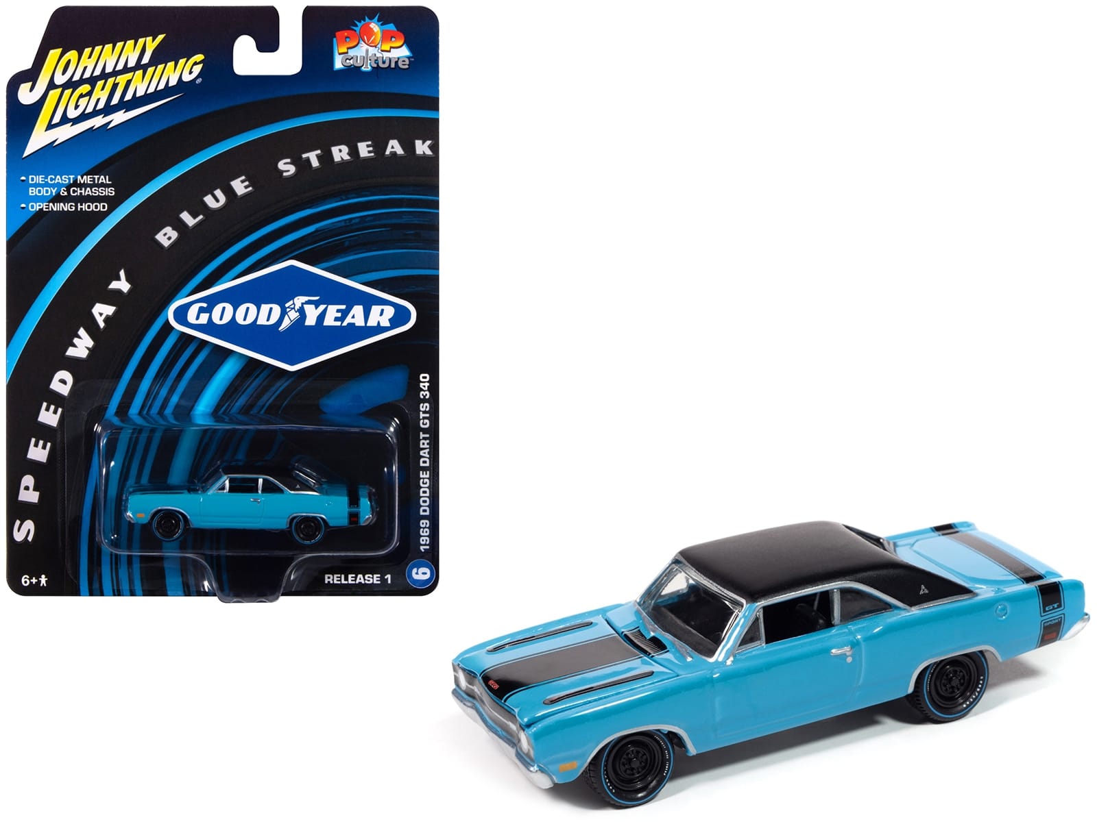 1969 Dodge Dart GTS 340 Blue with Black Top and Stripes "Goodyear Blue Streak" "Pop Culture" 2025 Release 1 1/64 Diecast Model Car by Johnny Lightning - Image 3