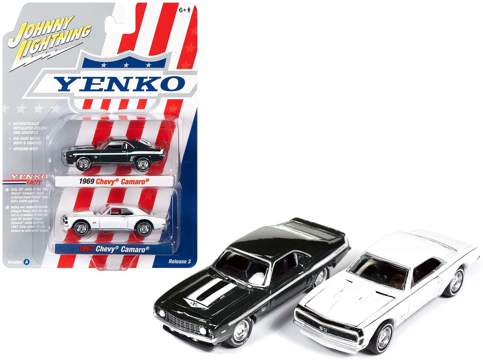 1969 Chevrolet Camaro Fathom Green Metallic with White Stripes and 1967 Chevrolet Camaro White with Black Nose Stripe “Yenko” Series Set of 2 Cars 1/64 Diecast Model Cars by Johnny Lightning