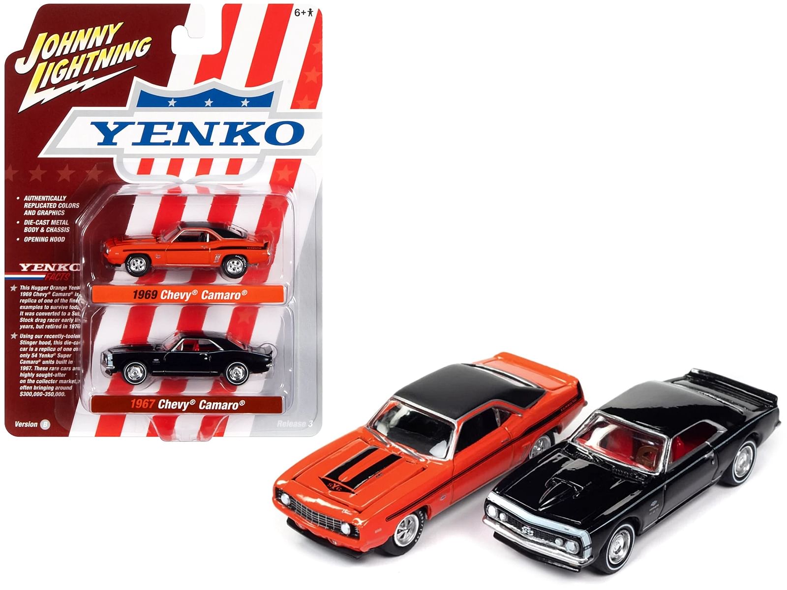 1969 Chevrolet Camaro Hugger Orange with Black Top and Stripes and 1967 Chevrolet Camaro Black with White Stripe and Red Interior “Yenko” Series Set of 2 Cars 1/64 Diecast Model Cars by Johnny Lightning