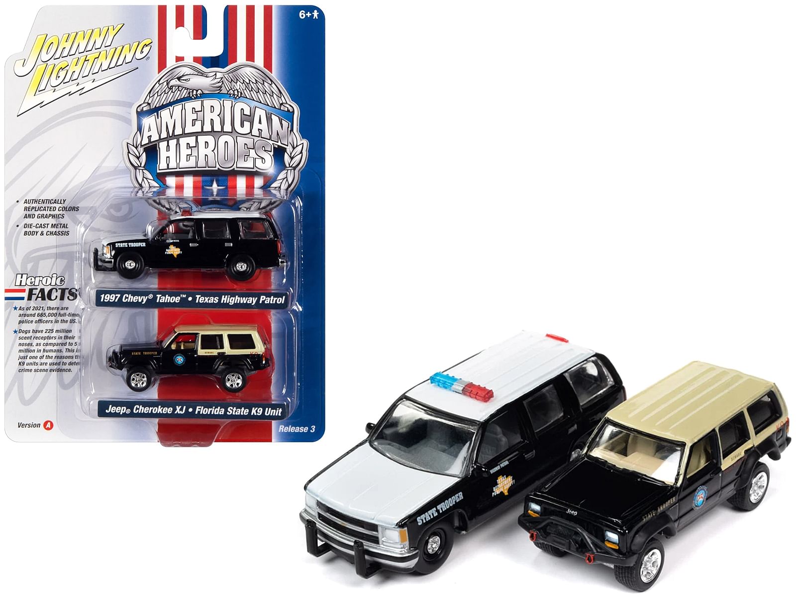 1997 Chevrolet Tahoe “Texas Highway Patrol – Department of Public Safety” Black and White and Jeep Cherokee XJ “Florida State Trooper K9 Unit” Black with Tan Top “American Heroes” Series Set of 2 Cars 1/64 Diecast Model Cars by Johnny Lightning