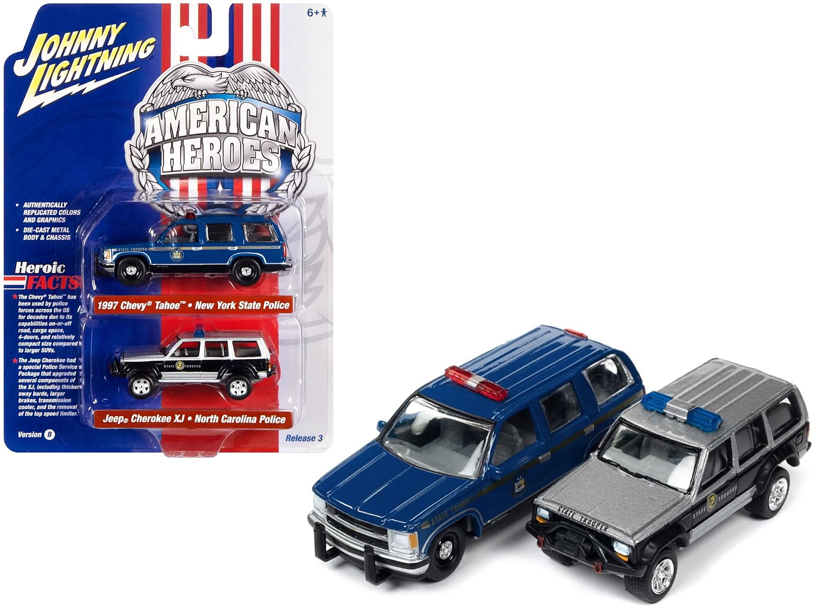 1997 Chevrolet Tahoe “New York State Trooper” Blue with Gold Stripes and Jeep Cherokee XJ “North Carolina State Trooper” Black and Silver “American Heroes” Series Set of 2 Cars 1/64 Diecast Model Cars by Johnny Lightning