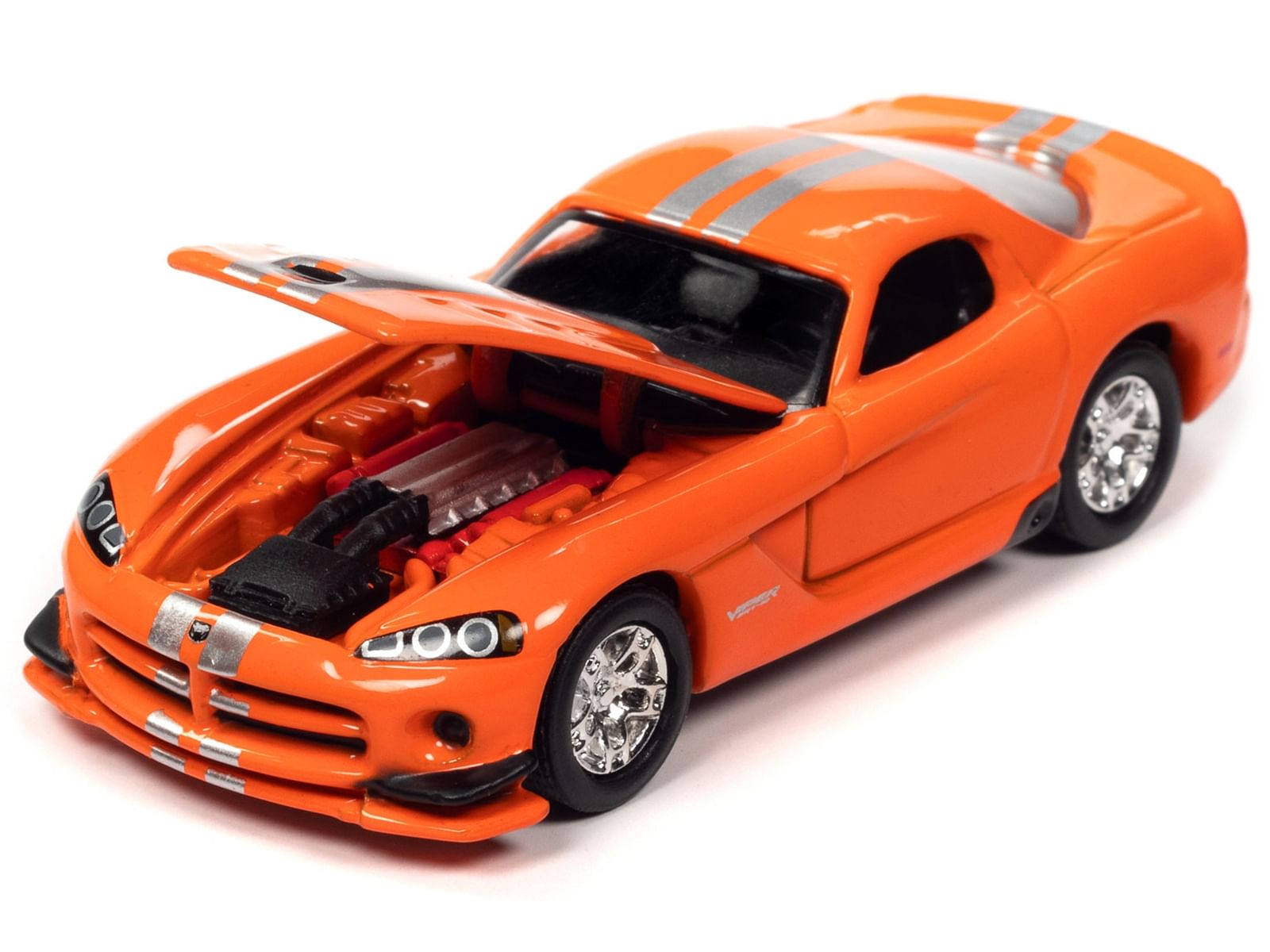 2014 Dodge Challenger R/T “Hellephant” Silver Metallic with Red Stripes and Graphics and 2008 Dodge Viper SRT10 Orange with Silver Stripes “MOPAR” Set of 2 Cars “2-Packs” 2023 Release 1 1/64 Diecast Model Cars by Johnny Lightning