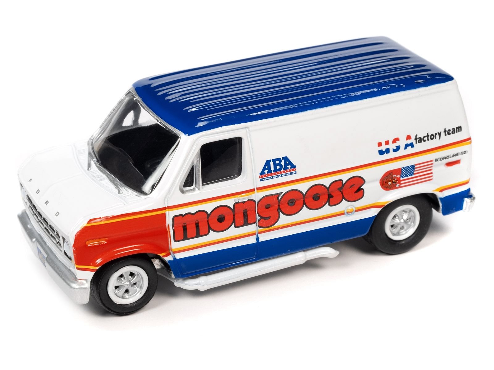 1965 Volkswagen Type 2 Transporter Van White w/ Red Top “Schwinn” & 1976 Ford Econoline Van White with Red & Blue Graphics “Mongoose USA Factory Team” “BMX Freestyle” Set of 2 Cars “2-Packs” 2023 Release 2 1/64 Diecast Model Cars by Johnny Lightning