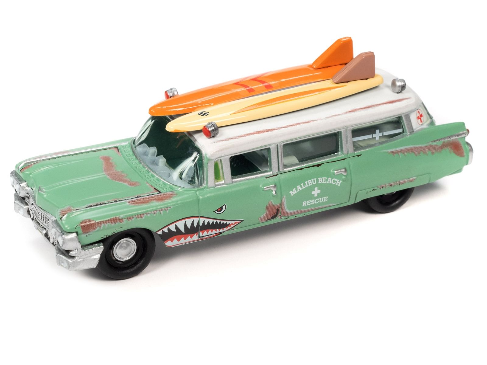 1950 Mercury Woody Wagon Matt Black w/ Wood Panels “Nomad Surf Shop” & 1959 Cadillac Ambulance Teal w/ Surf Shark Graphics & White Top Rusted “Malibu Beach Rescue” “Surf Rods” Set 2 Cars 2-Packs 2023 Release 2 1/64 Diecast Models by Johnny Lightning