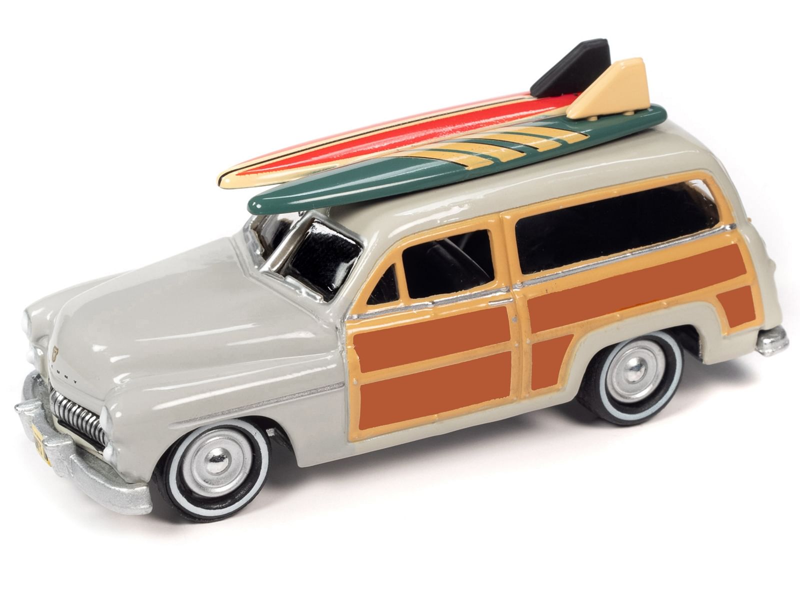 1950 Mercury Woody Wagon Dakota Gray with Wood Panels & Surfboards on Roof & 1959 Cadillac Ambulance Dull Red w/ Surfboards on Roof Cocoa Beach Rescue Patrol Surf Rods “Set of 2” Cars 2-Packs 2023 Release 2 1/64 Diecast Model Cars by Johnny Lightning