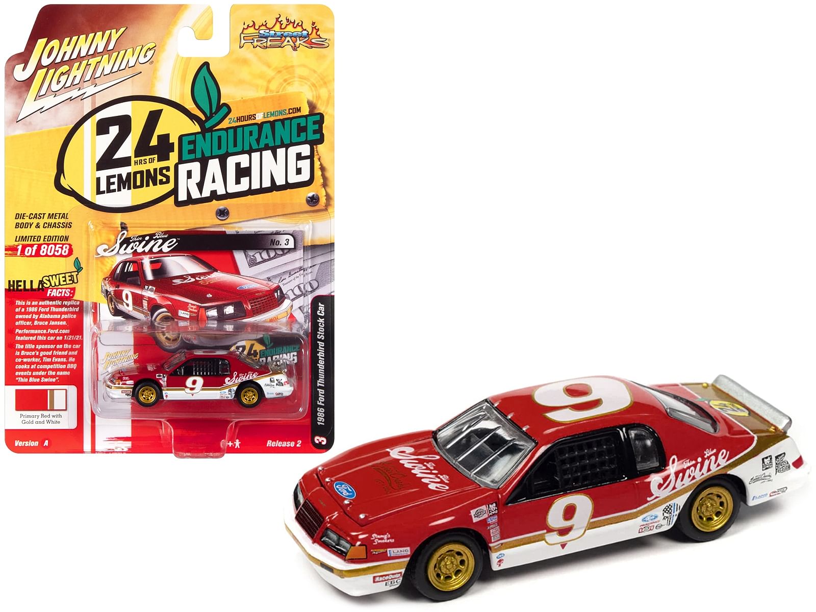 1986 Ford Thunderbird Stock Car #9 Primary Red “Thin Blue Swine” 24 Hours of Lemons “Street Freaks” Series Limited Edition to 8058 pieces Worldwide 1/64 Diecast Model Car by Johnny Lightning