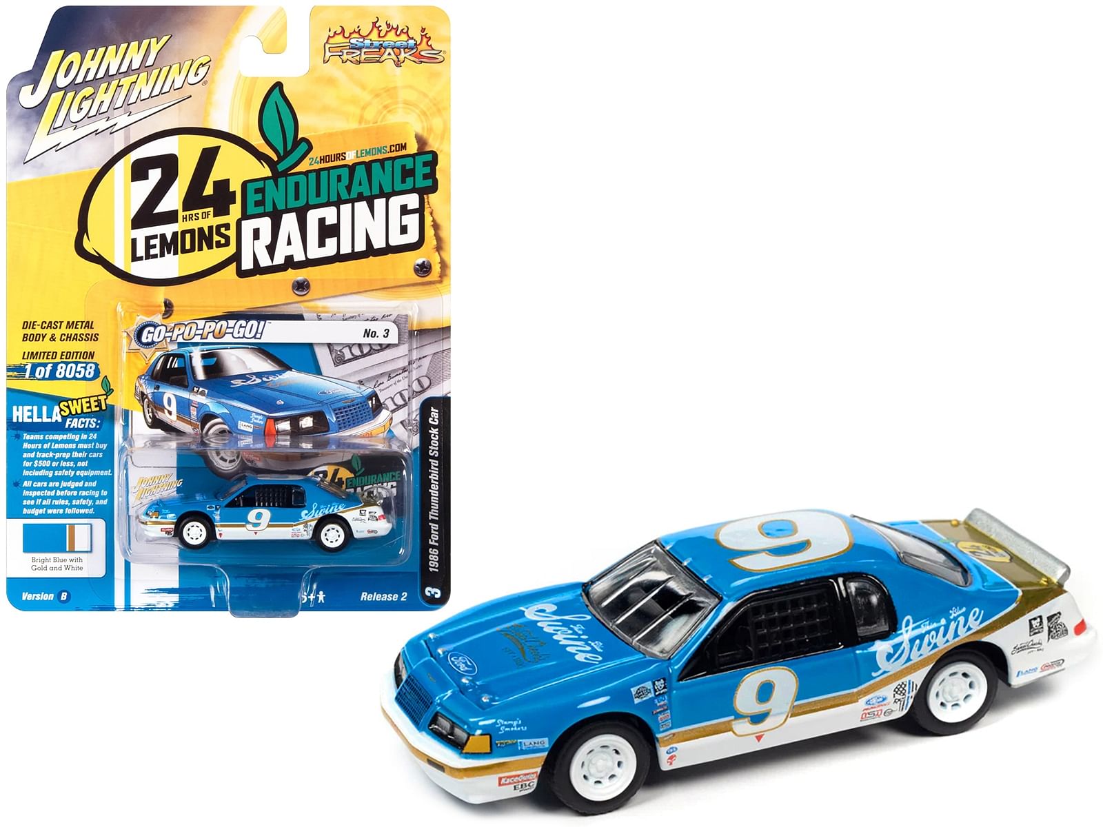 1986 Ford Thunderbird Stock Car #9 Bright Blue “Go-Po-Po-Go!” 24 Hours of Lemons “Street Freaks” Series Limited Edition to 8058 pieces Worldwide 1/64 Diecast Model Car by Johnny Lightning