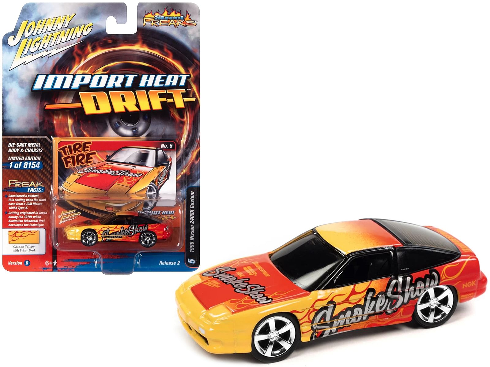 1990 Nissan 240SX Custom Golden Yellow with Bright Red Flames “Smoke Show” “Import Hear Drift” Series Limited Edition to 8154 pieces Worldwide 1/64 Diecast Model Car by Johnny Lightning