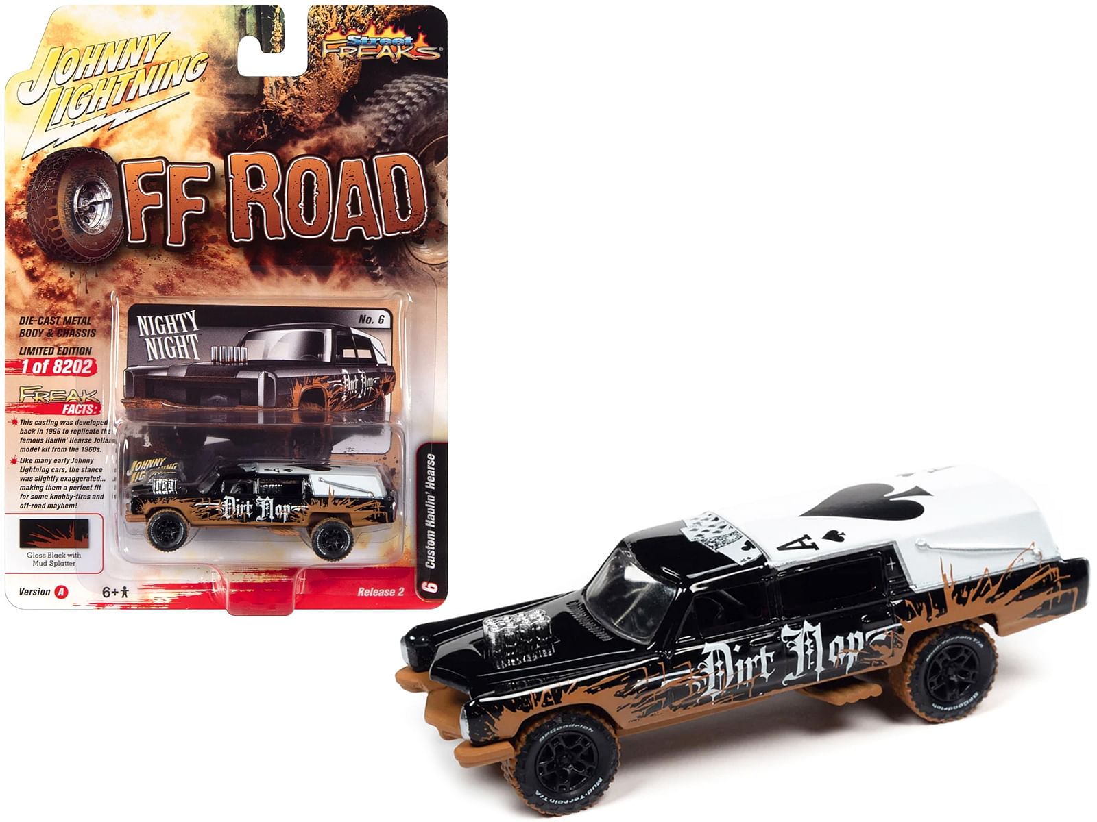 Haulin’ Hearse Custom Black with Mud Graphics “Dirt Mop” “Off Road” Series Limited Edition to 8202 pieces Worldwide 1/64 Diecast Model Car by Johnny Lightning