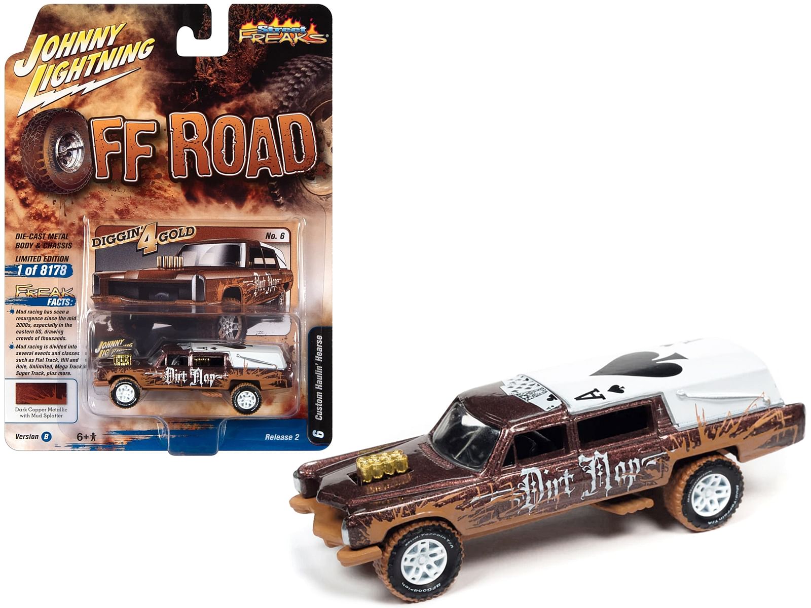 Haulin’ Hearse Custom Dark Copper Metallic with Mud Graphics “Dirt Mop” “Off Road” Series Limited Edition to 8178 pieces Worldwide 1/64 Diecast Model Car by Johnny Lightning