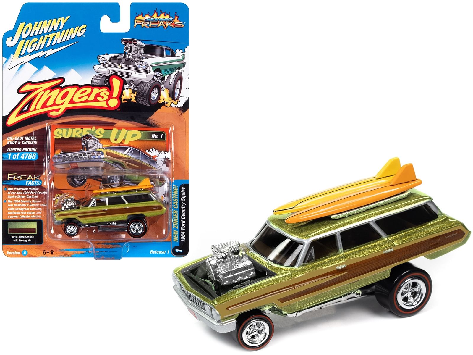 1964 Ford Country Squire Surfin’ Lime Metallic with Woodgrain Panels and Surfboard on Roof “Zingers!” Limited Edition to 4788 pieces Worldwide “Street Freaks” Series 1/64 Diecast Model Car by Johnny Lightning