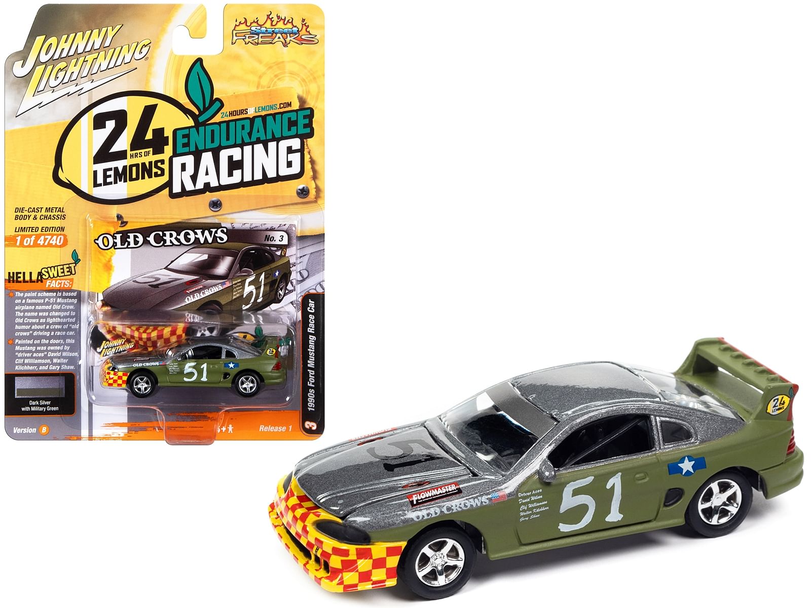 1990s Ford Mustang Race Car #51 Military Green and Dark Silver Metallic “Old Crows” “24 Hours of Lemons” Limited Edition to 4740 pieces Worldwide “Street Freaks” Series 1/64 Diecast Model Car by Johnny Lightning