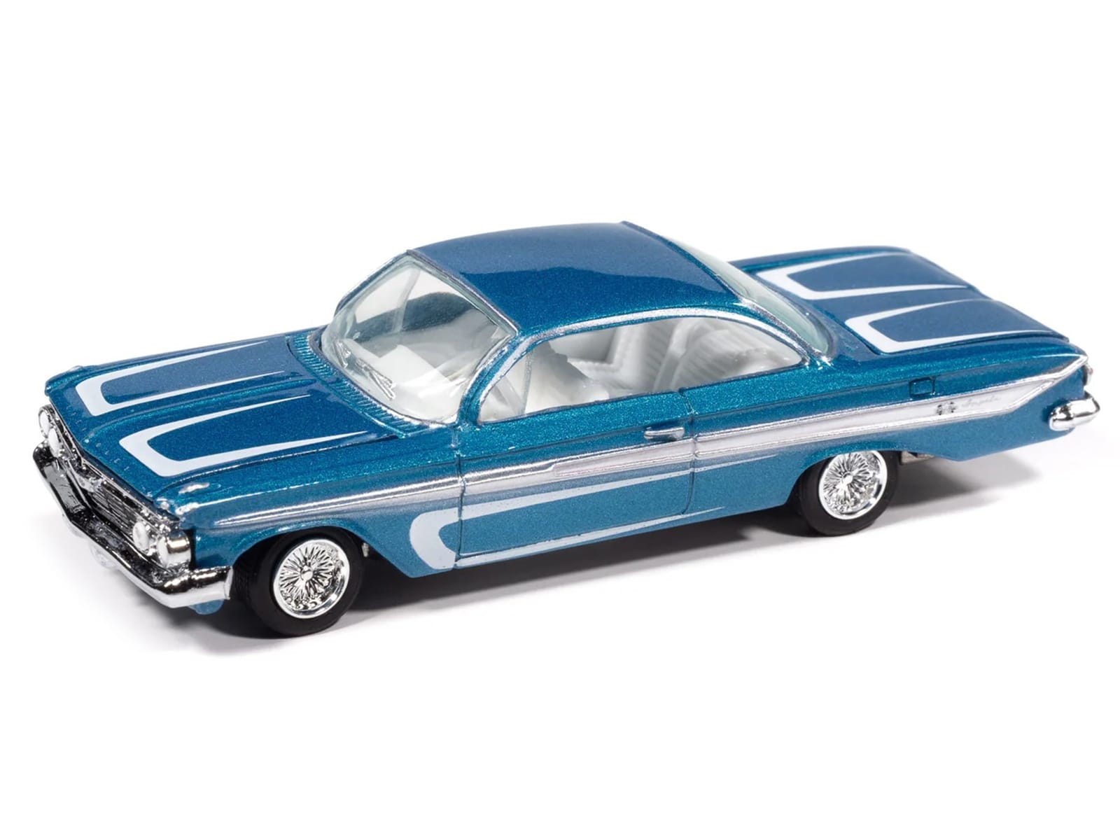 1961 Chevrolet Impala SS 409 Blue Metallic with White Stripes and Interior "Scrapin'" Series 1/64 Diecast Model Car by Johnny Lightning - Image 2