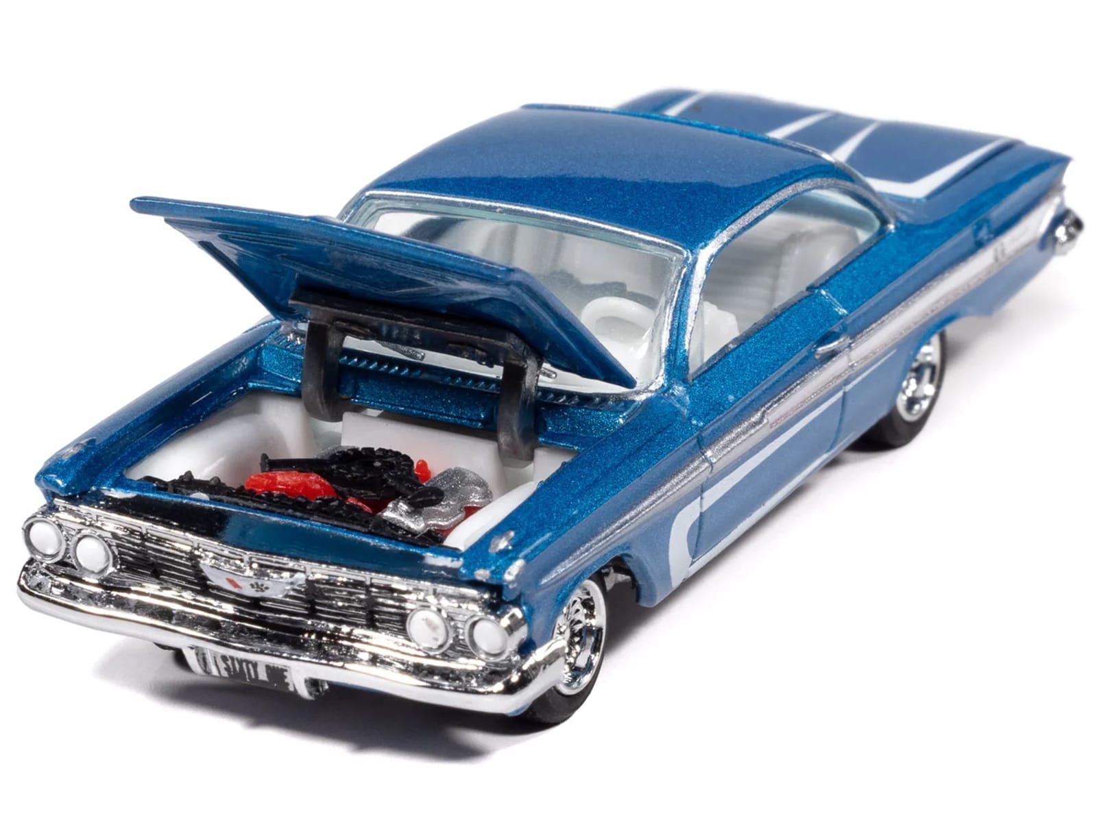1961 Chevrolet Impala SS 409 Blue Metallic with White Stripes and Interior "Scrapin'" Series 1/64 Diecast Model Car by Johnny Lightning - Image 3