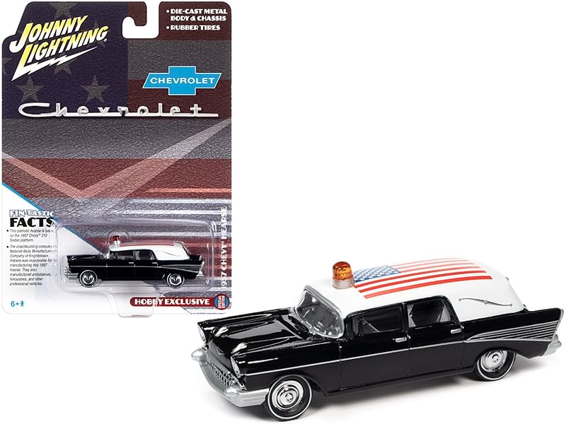 1957 Chevrolet Hearse Black with White Top and American Flag Graphics 1/64 Diecast Model Car by Johnny...