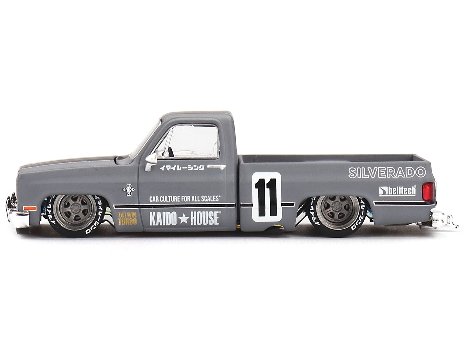 Chevrolet Silverado "KAIDO V2" Pickup Truck #11 Gray with Black Stripes (Designed by Jun Imai) "Kaido House" Special 1/64 Diecast Model Car by Mini GT