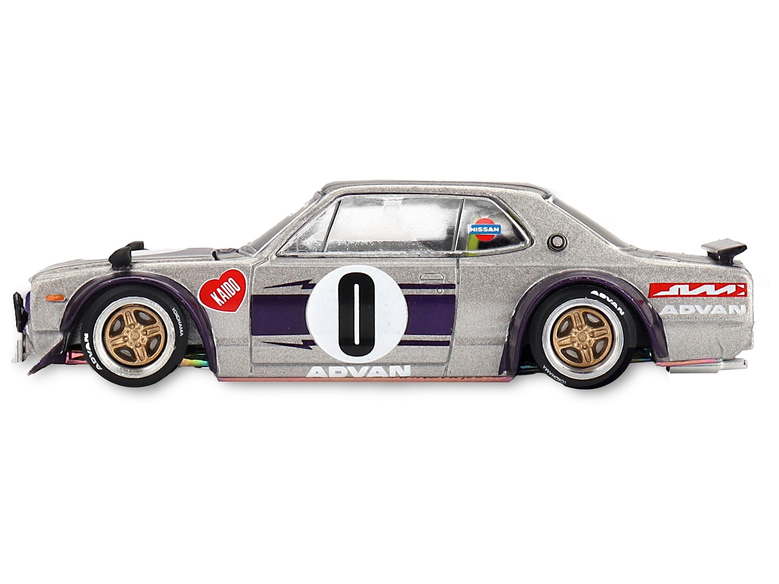 Nissan Skyline 2000GT-R (KPGC10) "Kaido Works V1" RHD (Right Hand Drive) #0 Silver Metallic with Purple Stripes (Designed by Jun Imai) "Kaido House" Special 1/64 Diecast Model Car by Mini GT - Image 2