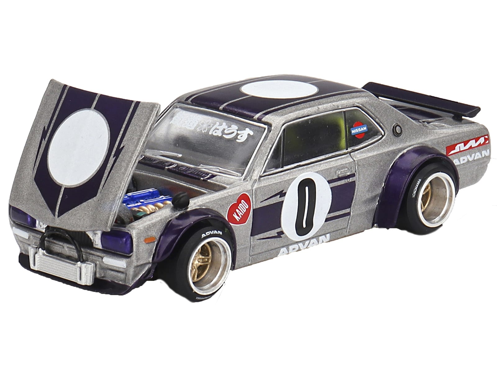 Nissan Skyline 2000GT-R (KPGC10) "Kaido Works V1" RHD (Right Hand Drive) #0 Silver Metallic with Purple Stripes (Designed by Jun Imai) "Kaido House" Special 1/64 Diecast Model Car by Mini GT - Image 3