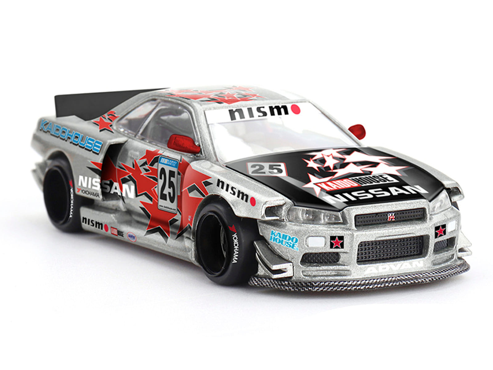 Nissan Skyline GT-R (R34) "Kaido Star Racing V1" RHD (Right Hand Drive) #25 Gray Metallic with Black Hood and Graphics (Designed by Jun Imai) "Kaido House" Special 1/64 Diecast Model Car by Mini GT - Image 2