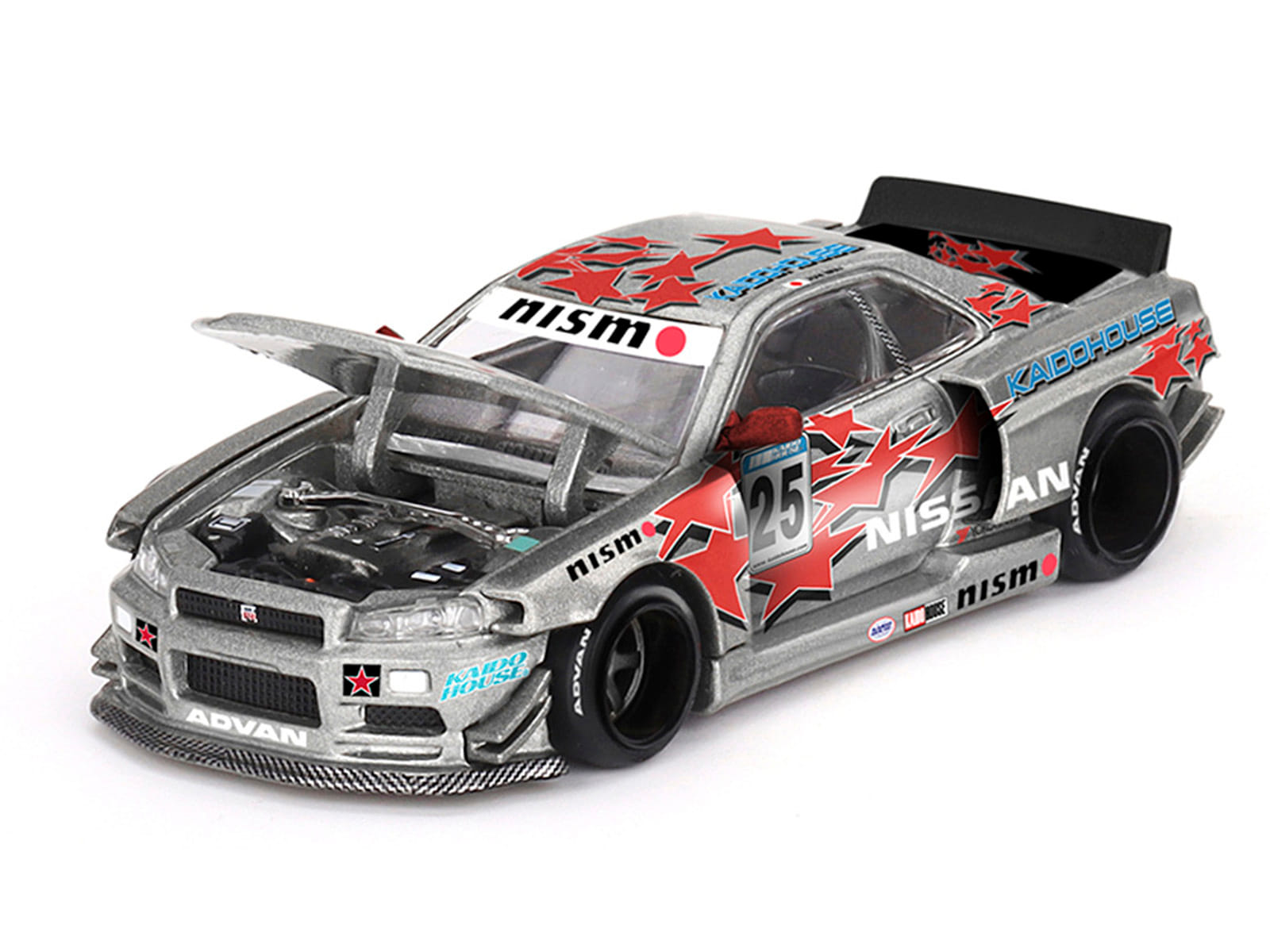 Nissan Skyline GT-R (R34) "Kaido Star Racing V1" RHD (Right Hand Drive) #25 Gray Metallic with Black Hood and Graphics (Designed by Jun Imai) "Kaido House" Special 1/64 Diecast Model Car by Mini GT - Image 3
