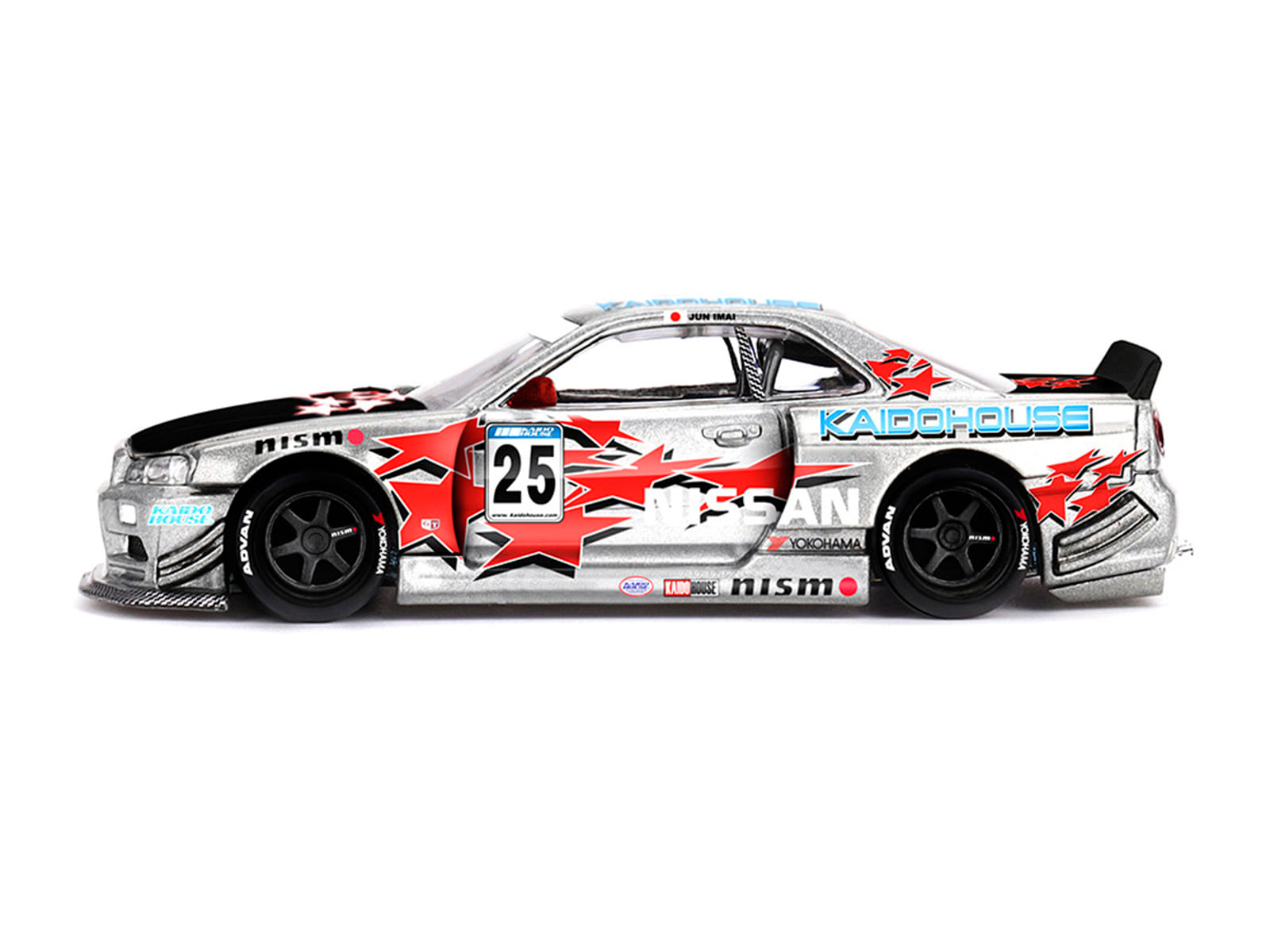 Nissan Skyline GT-R (R34) "Kaido Star Racing V1" RHD (Right Hand Drive) #25 Gray Metallic with Black Hood and Graphics (Designed by Jun Imai) "Kaido House" Special 1/64 Diecast Model Car by Mini GT - Image 4