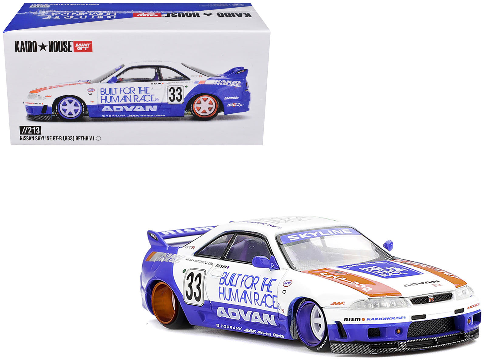 Nissan Skyline GT-R (R33) RHD (Right Hand Drive) #33 "BFTHR V1" Blue and White with Graphics (Designed by Jun Imai) "Kaido House" Special 1/64 Diecast Model Car by Mini GT