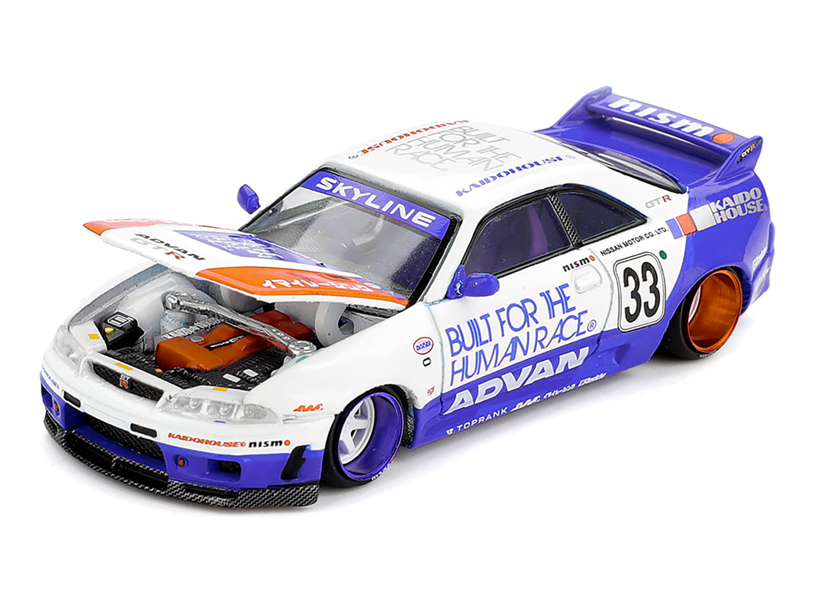 Nissan Skyline GT-R (R33) RHD (Right Hand Drive) #33 "BFTHR V1" Blue and White with Graphics (Designed by Jun Imai) "Kaido House" Special 1/64 Diecast Model Car by Mini GT - Image 2