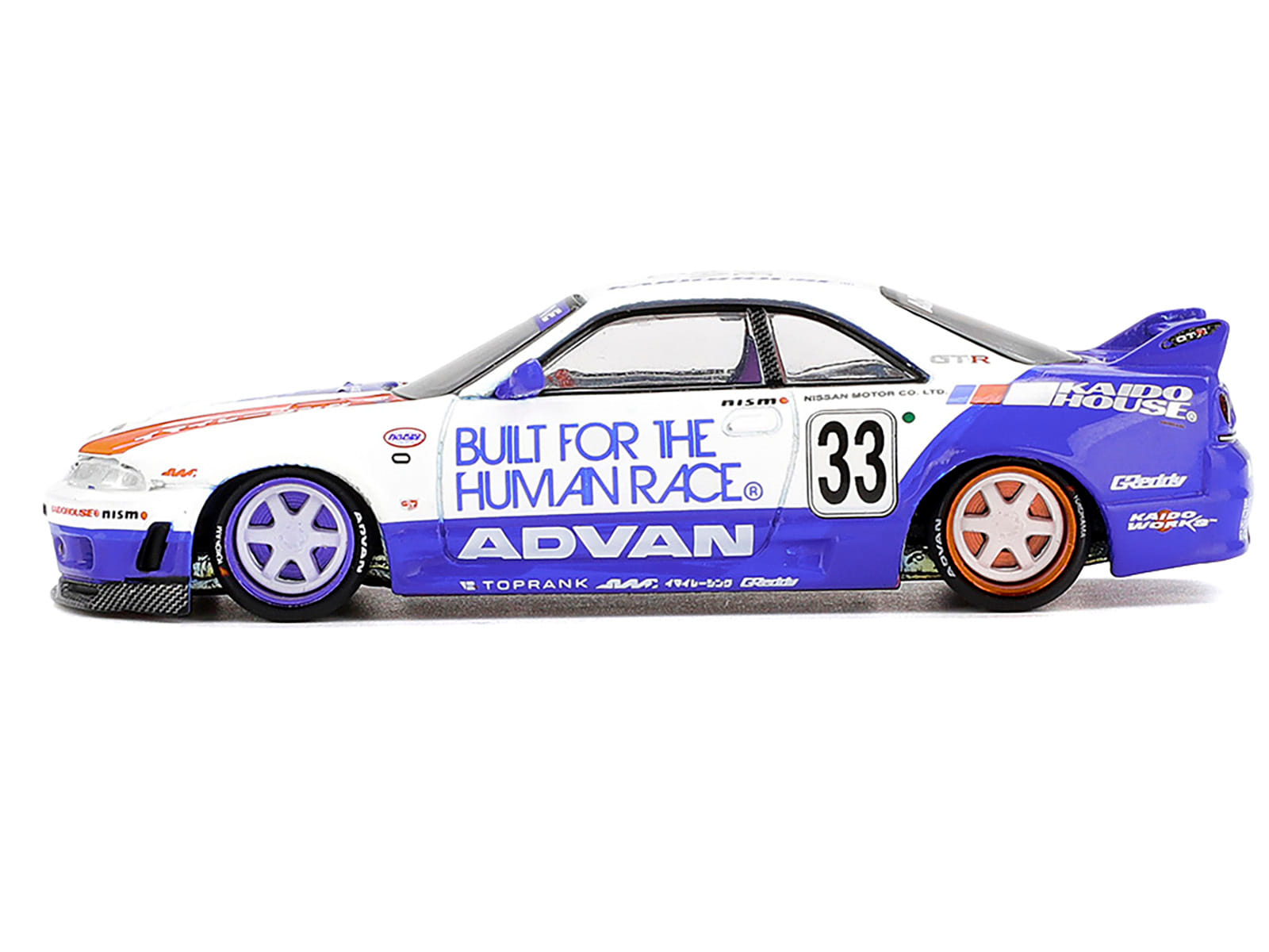 Nissan Skyline GT-R (R33) RHD (Right Hand Drive) #33 "BFTHR V1" Blue and White with Graphics (Designed by Jun Imai) "Kaido House" Special 1/64 Diecast Model Car by Mini GT - Image 3