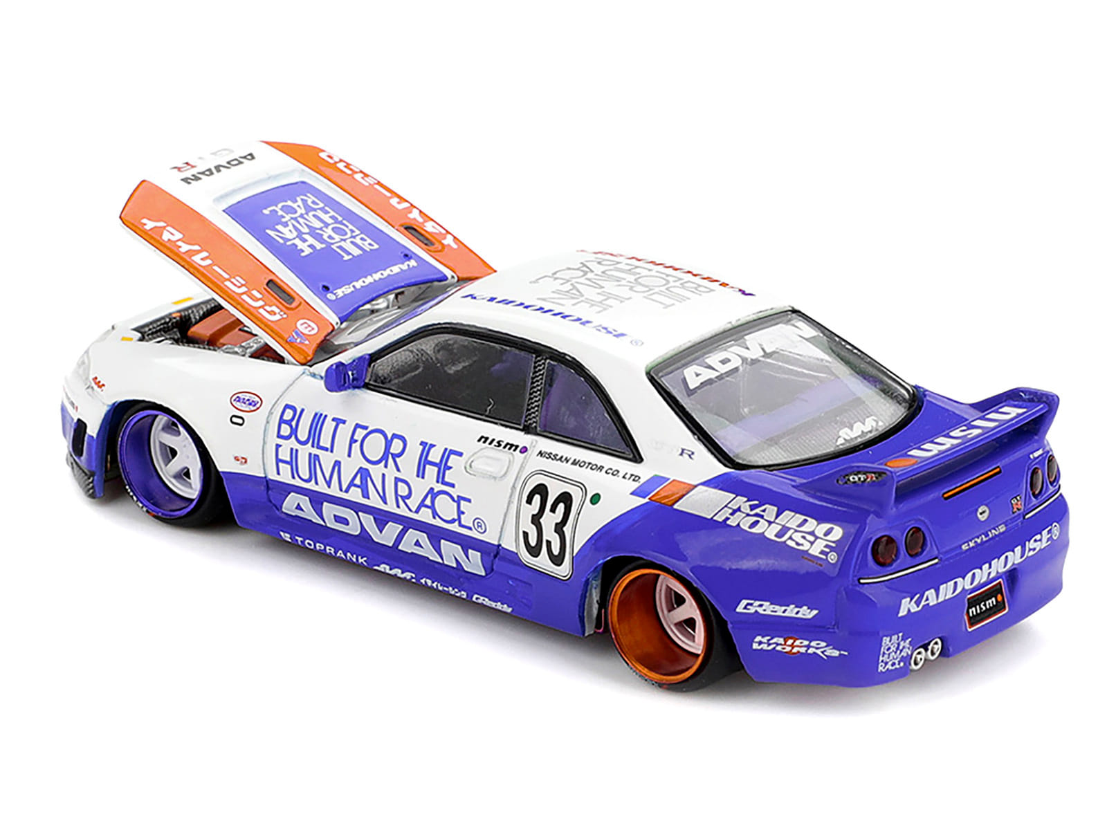 Nissan Skyline GT-R (R33) RHD (Right Hand Drive) #33 "BFTHR V1" Blue and White with Graphics (Designed by Jun Imai) "Kaido House" Special 1/64 Diecast Model Car by Mini GT - Image 4