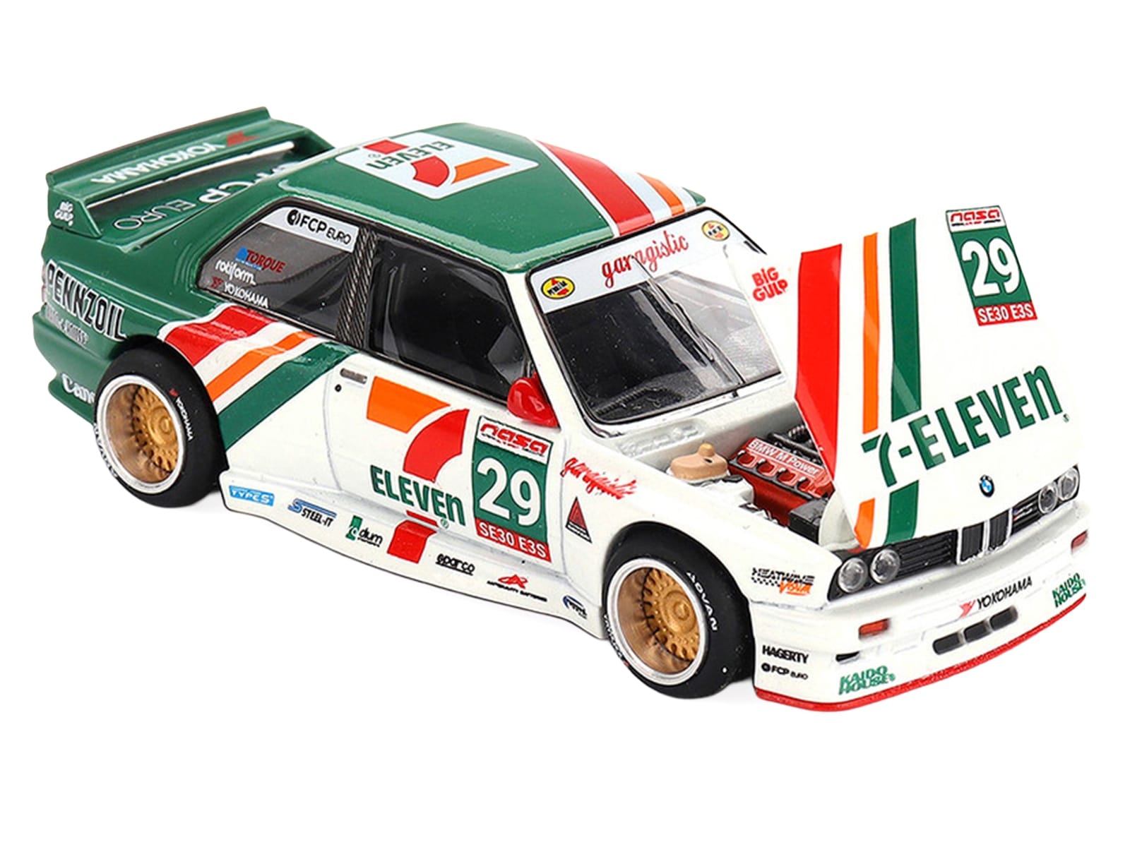 BMW M3 "Kaido Works Larry Chen V1" #29 "7-Eleven" White and Green with Graphics (Designed by Jun Imai) "Kaido House" Special 1/64 Diecast Model Car by Mini GT - Image 2