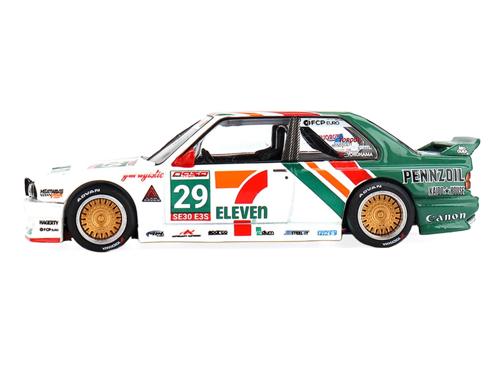 BMW M3 "Kaido Works Larry Chen V1" #29 "7-Eleven" White and Green with Graphics (Designed by Jun Imai) "Kaido House" Special 1/64 Diecast Model Car by Mini GT - Image 3