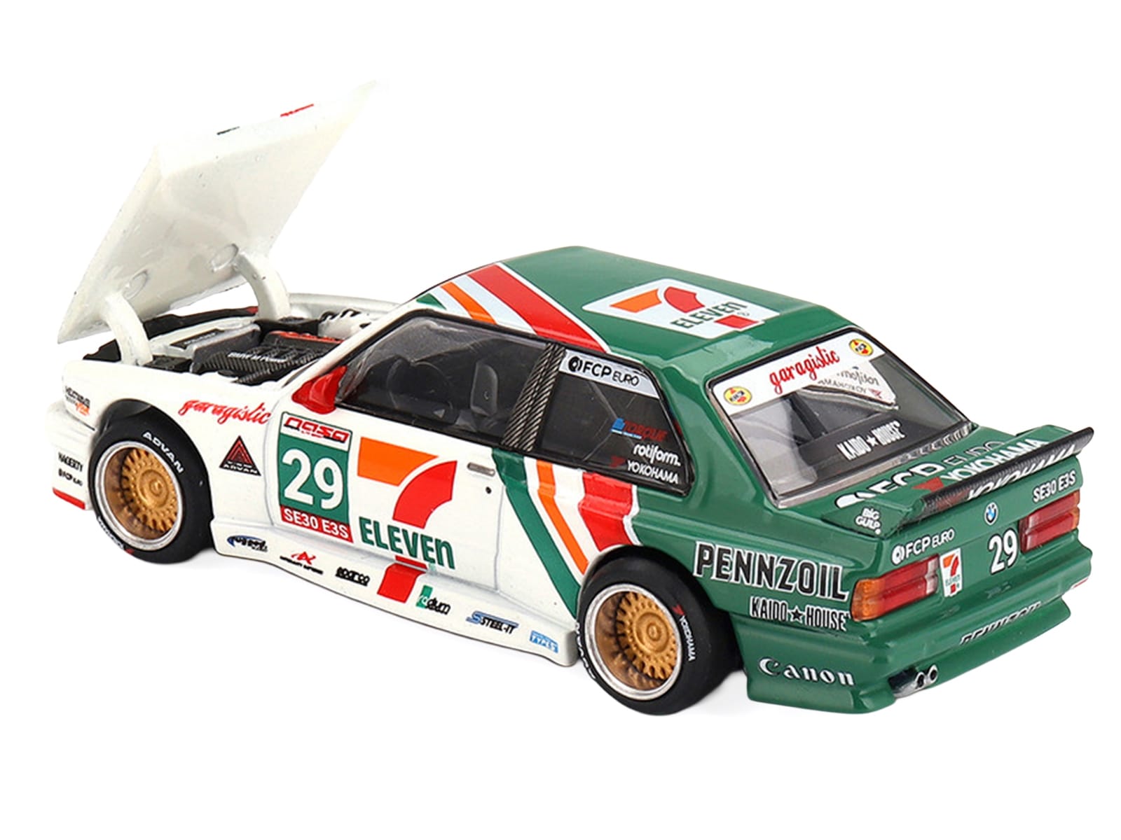 BMW M3 "Kaido Works Larry Chen V1" #29 "7-Eleven" White and Green with Graphics (Designed by Jun Imai) "Kaido House" Special 1/64 Diecast Model Car by Mini GT - Image 4