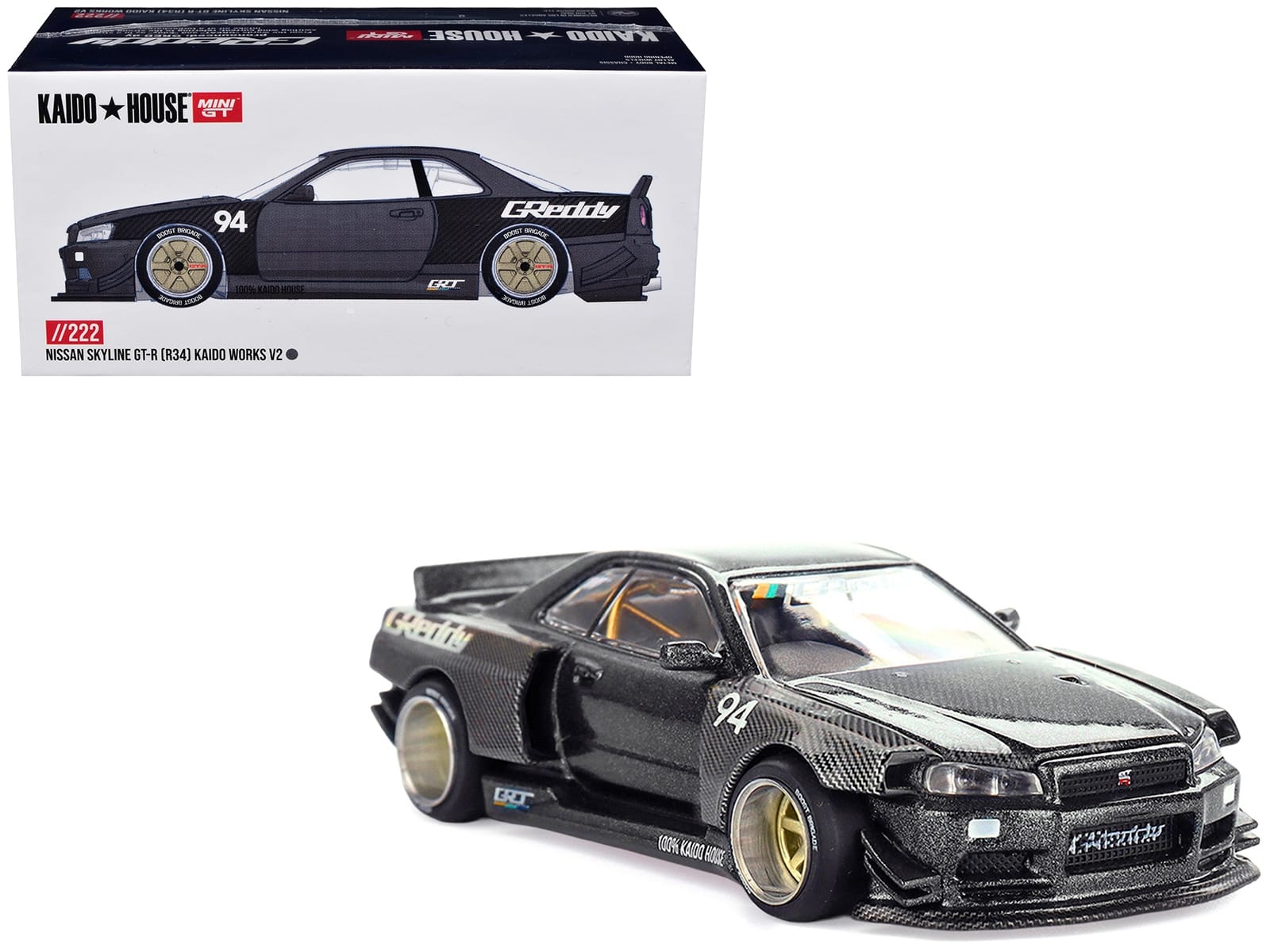 Nissan Skyline GT-R (R34) RHD (Right Hand Drive) #94 "Kaido Works GReddy V2" Carbon Fiber and Dark Gray Metallic (Designed by Jun Imai) "Kaido House" Special 1/64 Diecast Model Car by Mini GT