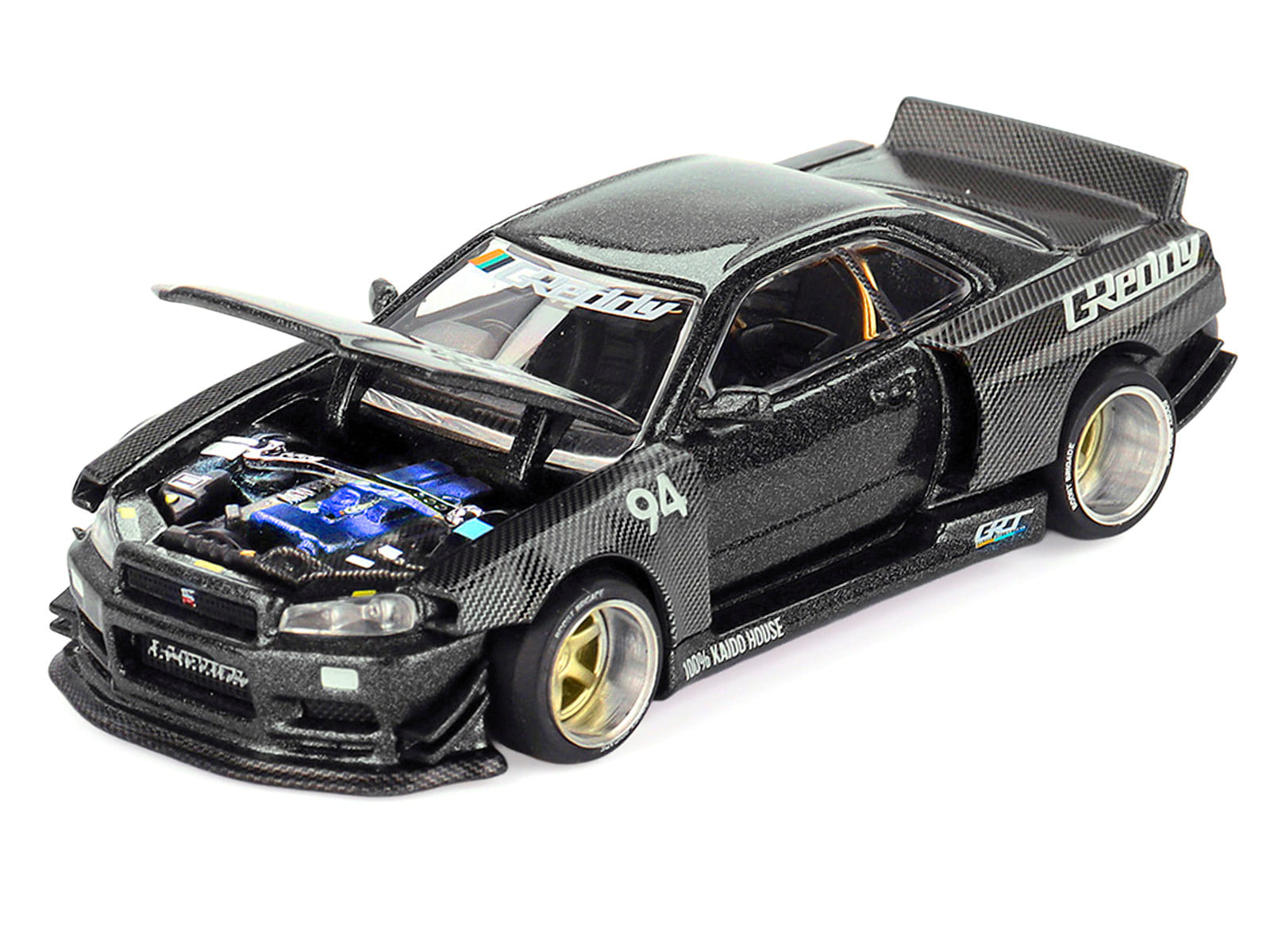 Nissan Skyline GT-R (R34) RHD (Right Hand Drive) #94 "Kaido Works GReddy V2" Carbon Fiber and Dark Gray Metallic (Designed by Jun Imai) "Kaido House" Special 1/64 Diecast Model Car by Mini GT - Image 2