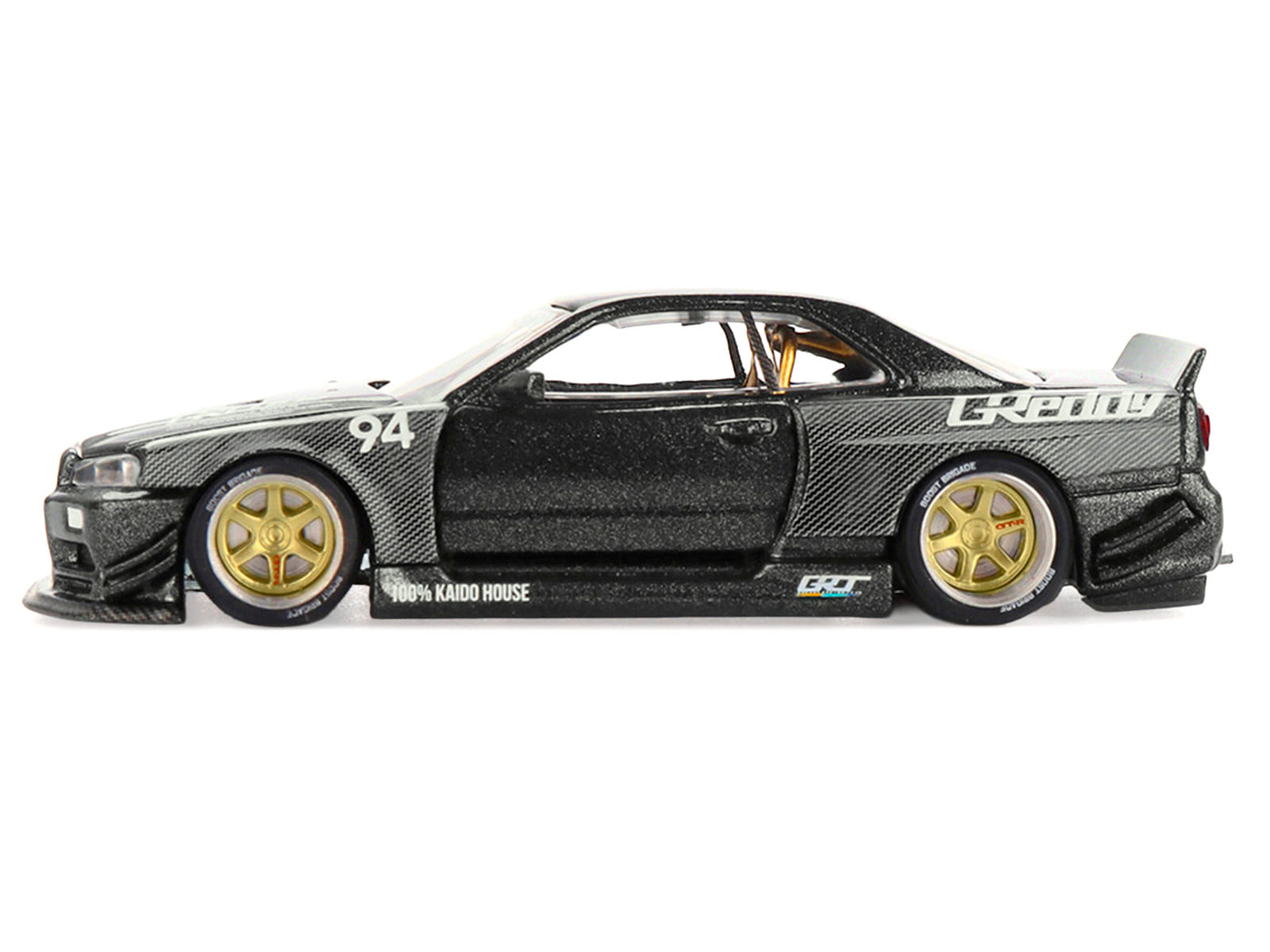 Nissan Skyline GT-R (R34) RHD (Right Hand Drive) #94 "Kaido Works GReddy V2" Carbon Fiber and Dark Gray Metallic (Designed by Jun Imai) "Kaido House" Special 1/64 Diecast Model Car by Mini GT - Image 3